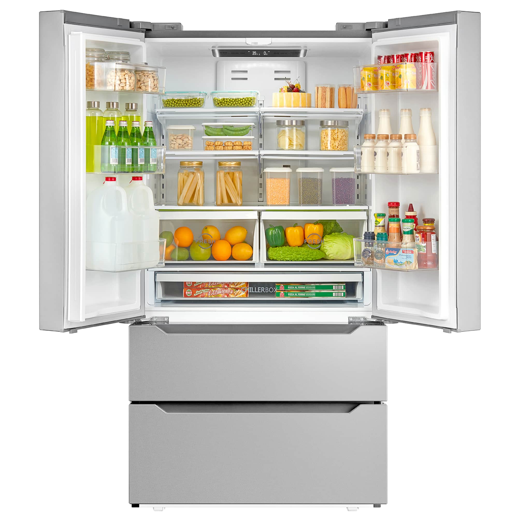 Stainless steel refrigerator with open doors and lit interior shelves