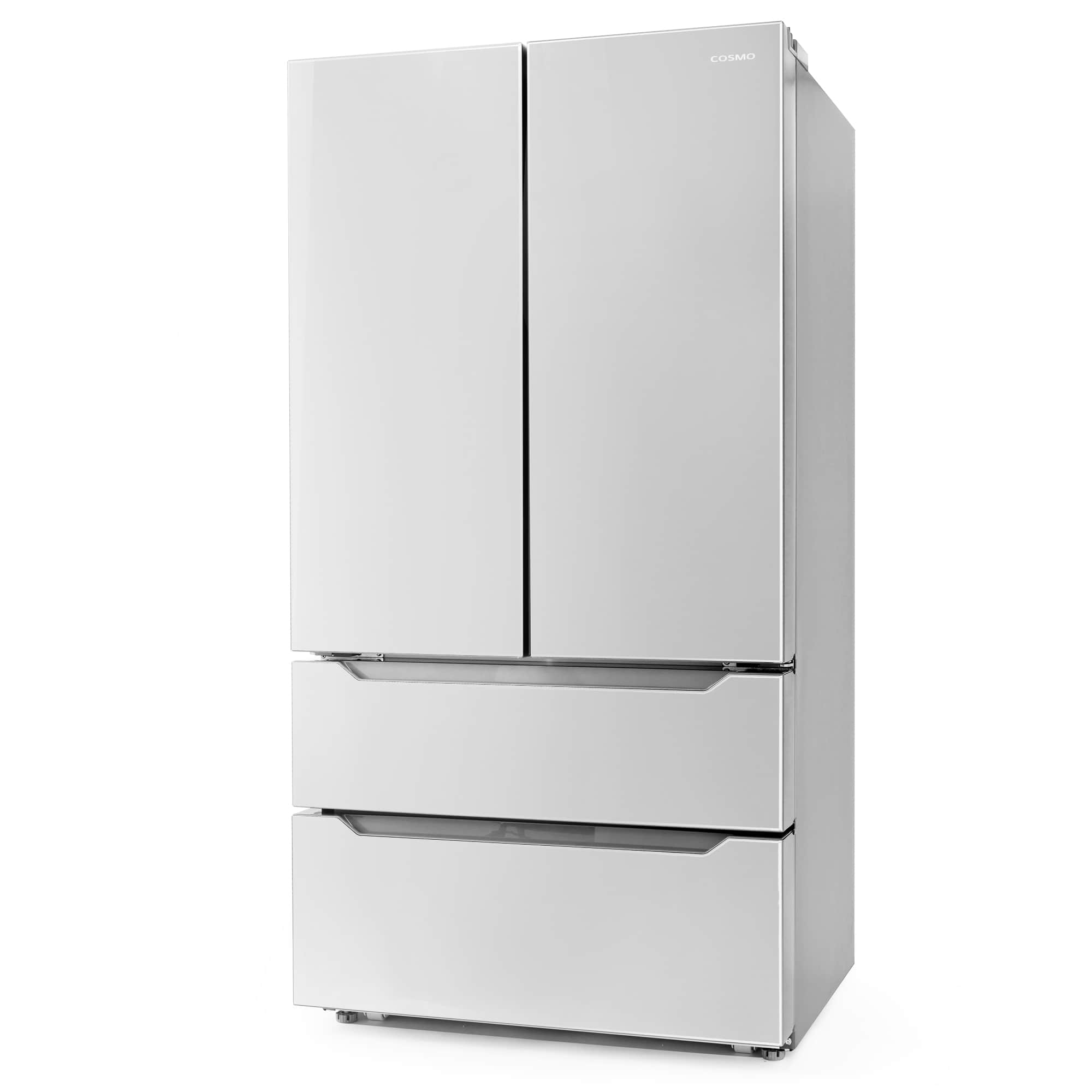 Stainless steel refrigerator with double doors and bottom freezer drawer, angled front view