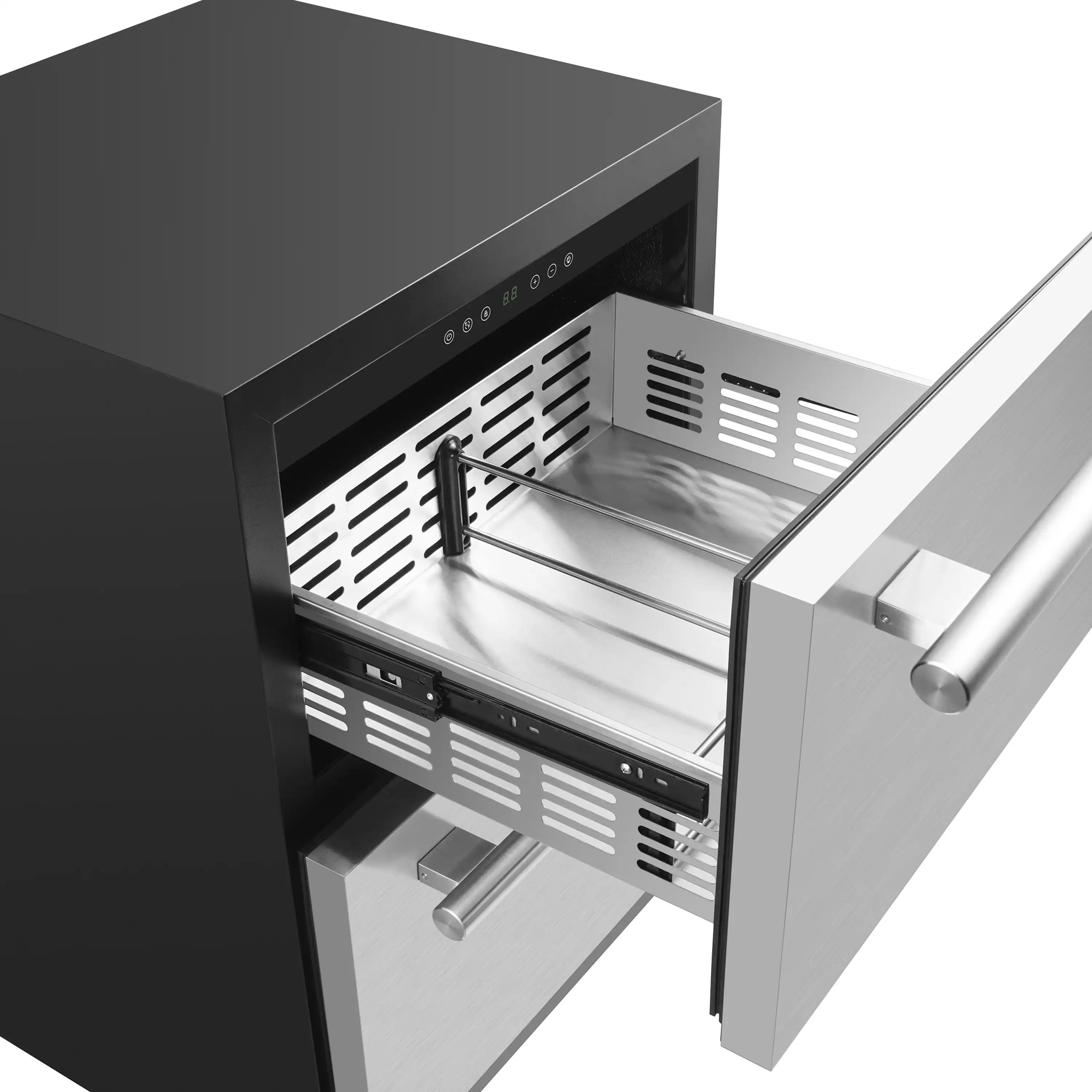 Stainless drawer freezer with open freezer drawer and interior metal basket