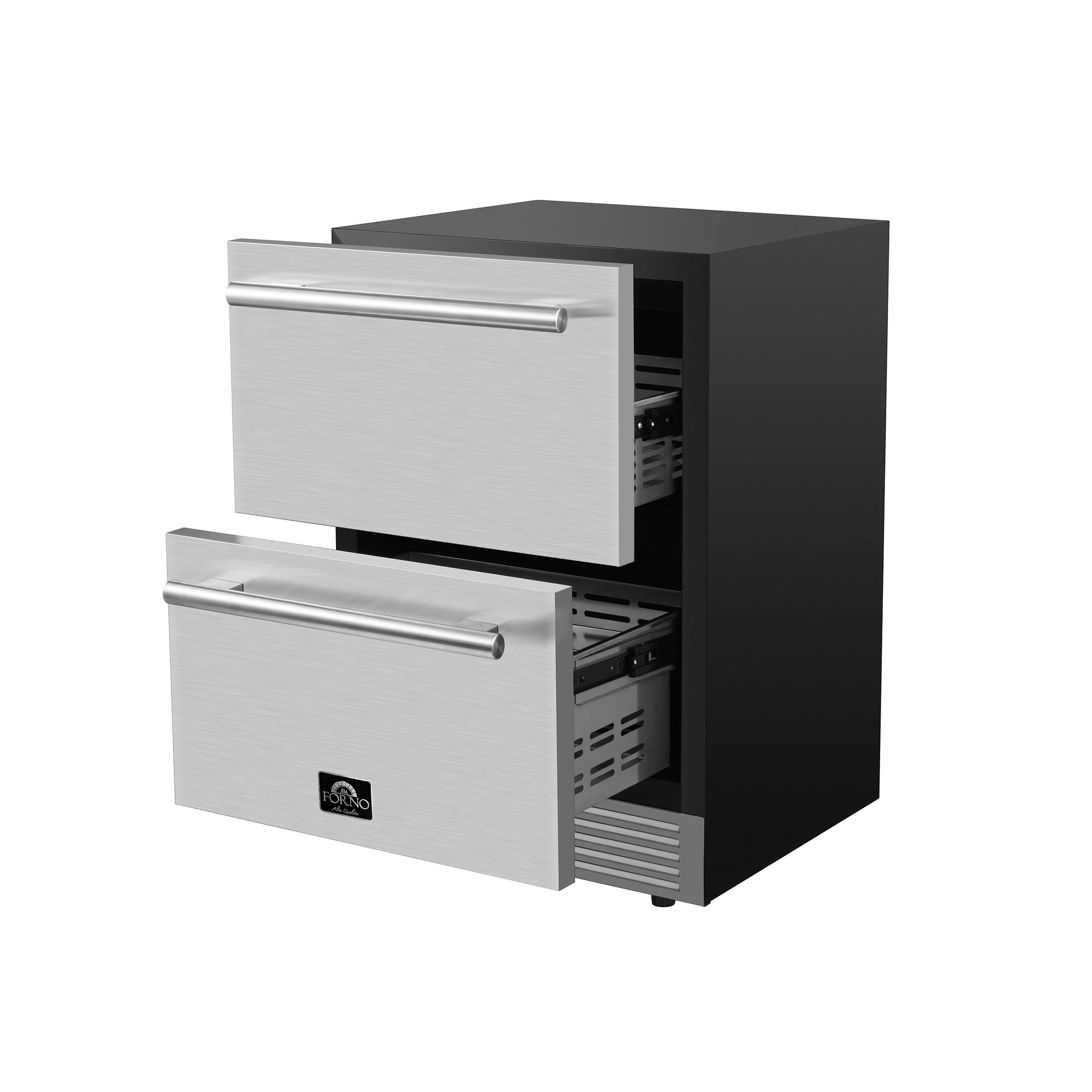 Stainless steel stacked drawer refrigerator/freezer with open front and vented grilles