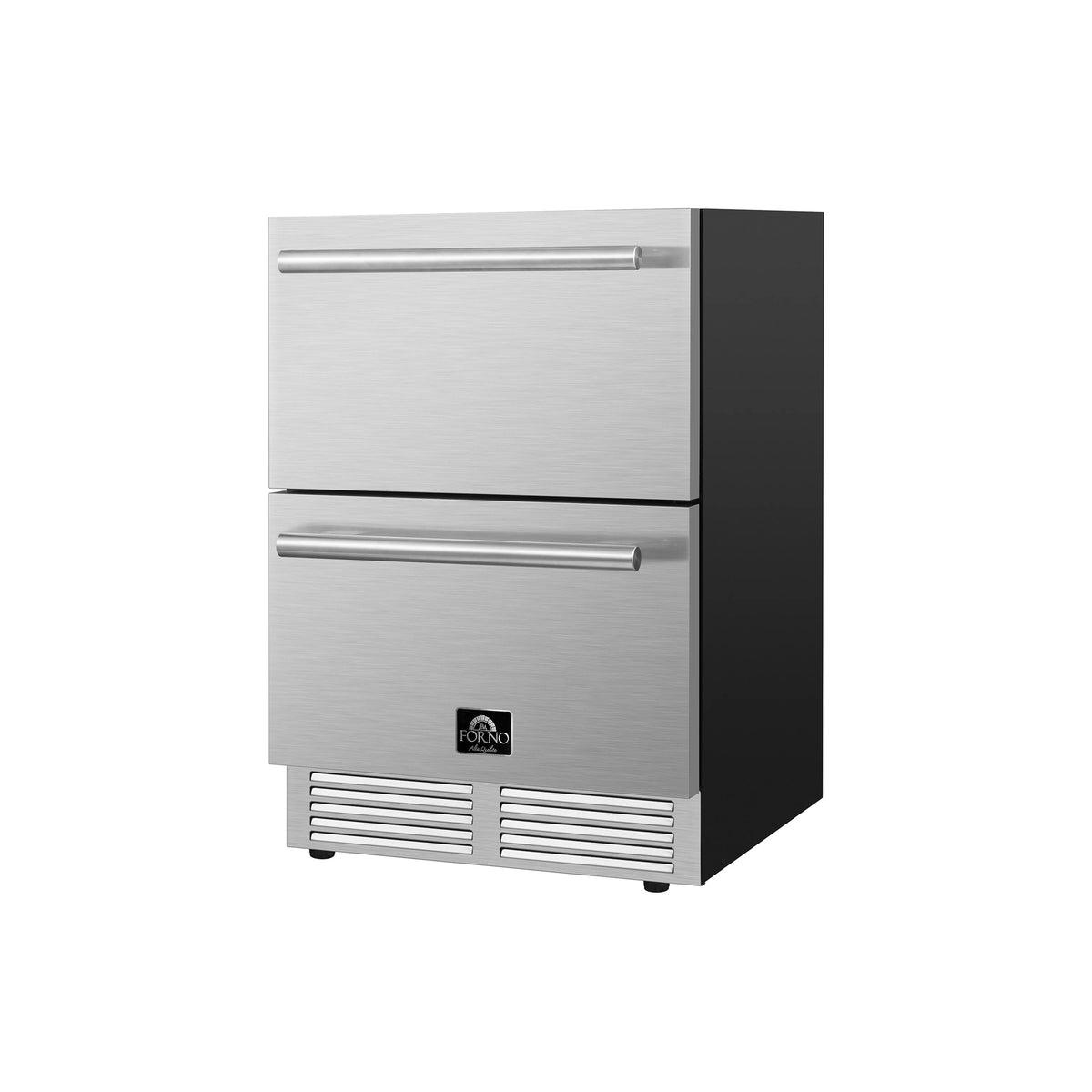 Stainless steel stacked drawer refrigerator/freezer with two pull handles and vented grilles
