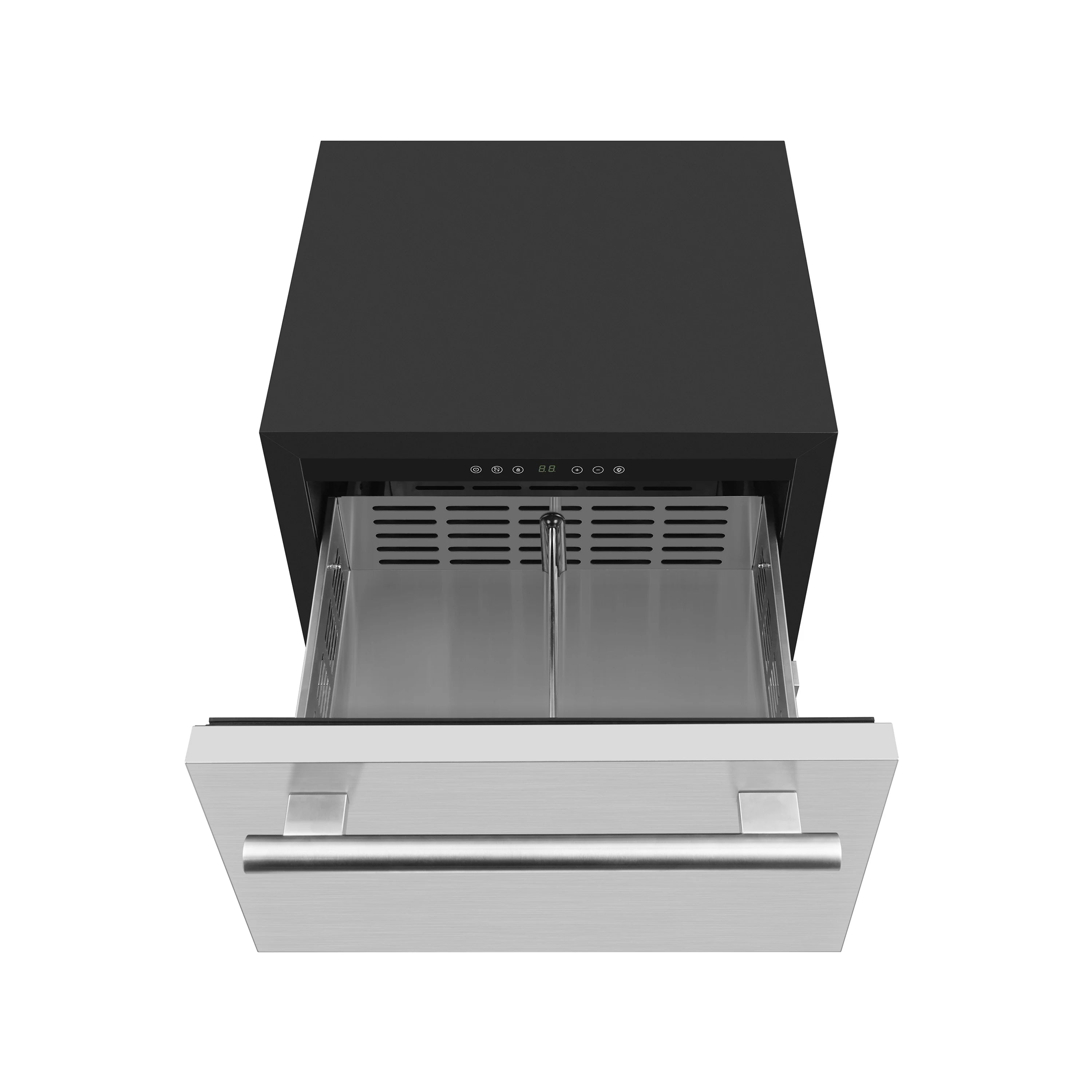 Drawer freezer with front open tray and ice maker style compartment, stainless interior