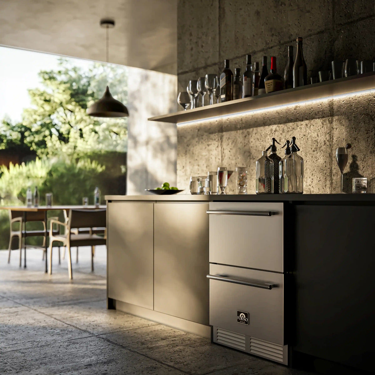 Stainless drawer freezer built into outdoor kitchen cabinetry with matching doors