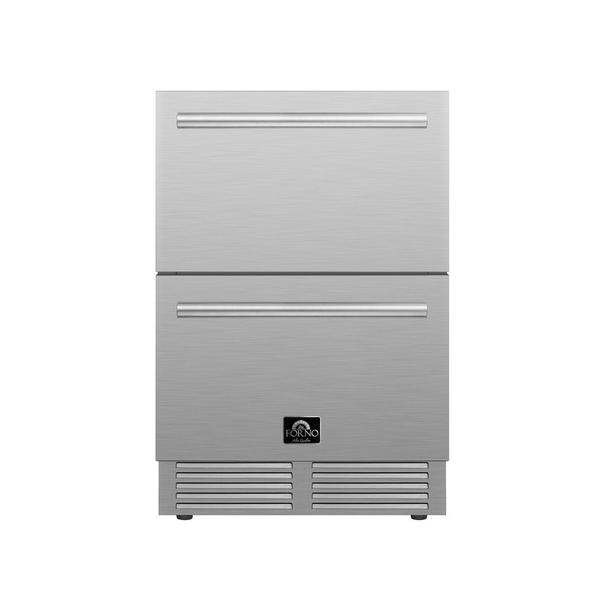 Stainless steel double-drawer refrigerator with two pull handles and front vented base