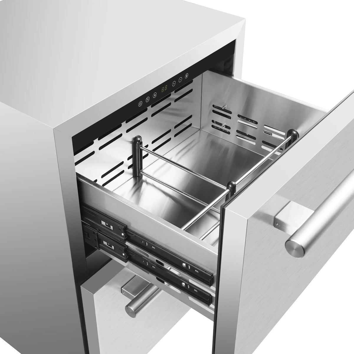 Stainless steel refrigerator drawer with open interior racks and pull-out rails