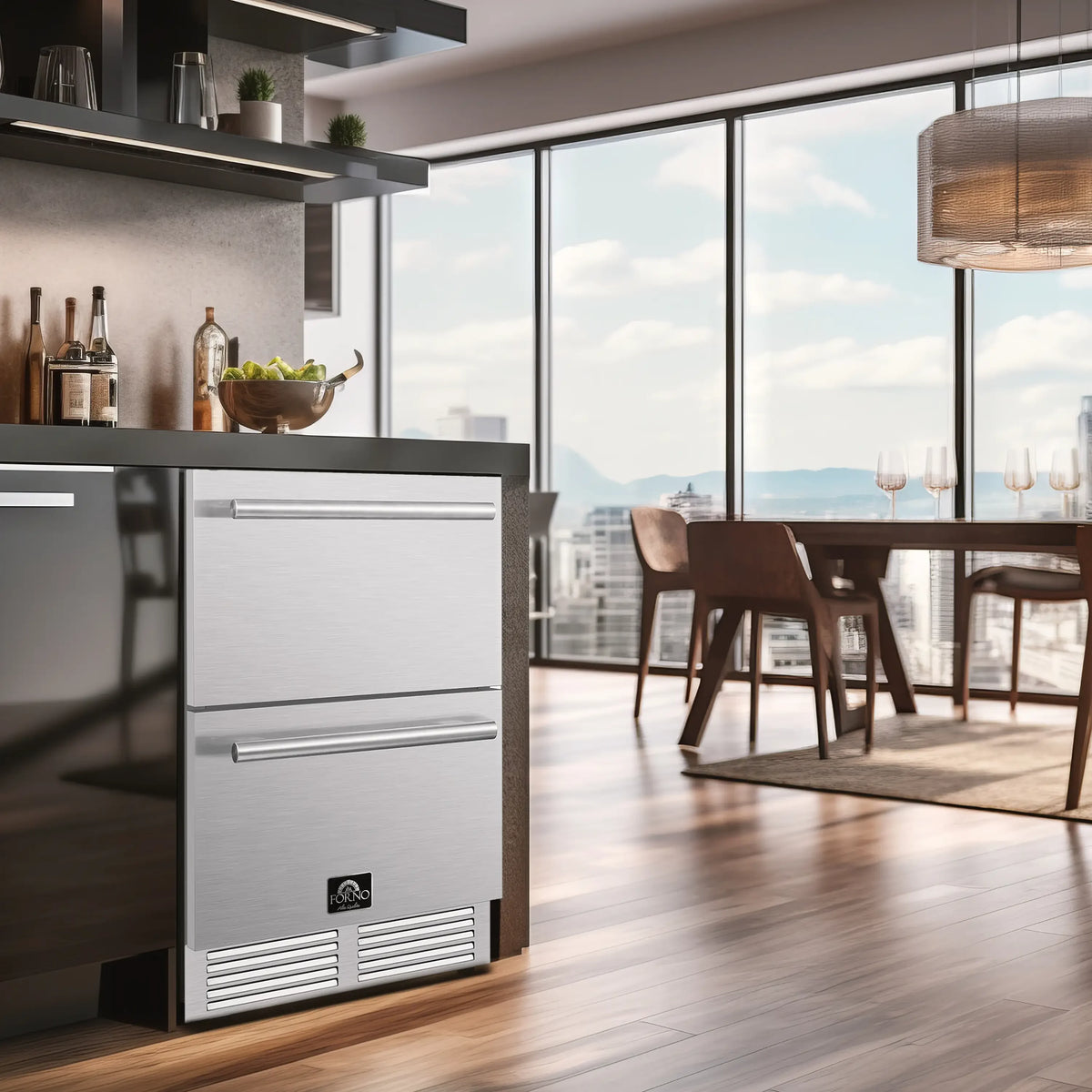 Stainless steel indoor/outdoor refrigerator drawer built into cabinetry, door closed