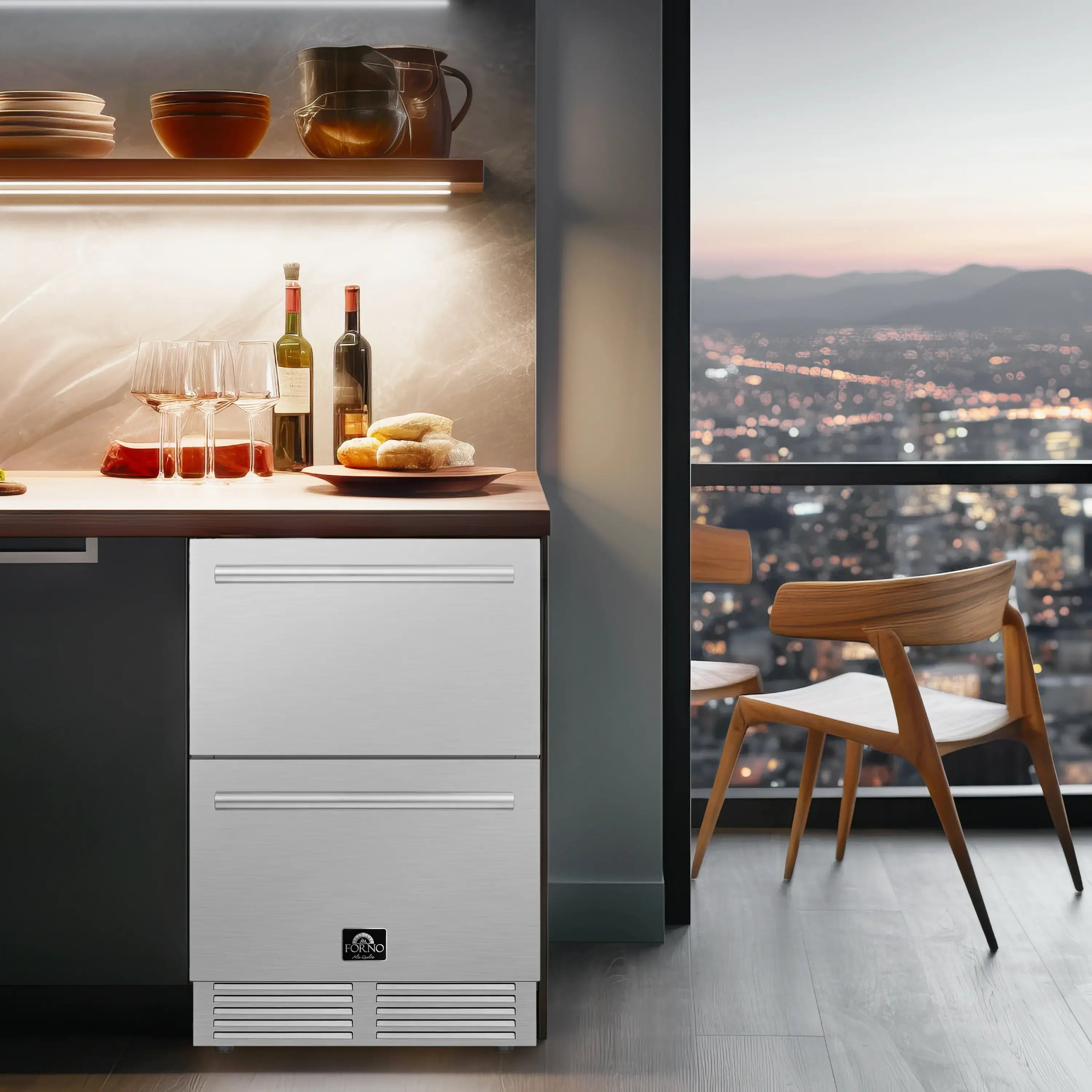 Stainless steel drawer refrigerator/freezer unit under a countertop with open niche