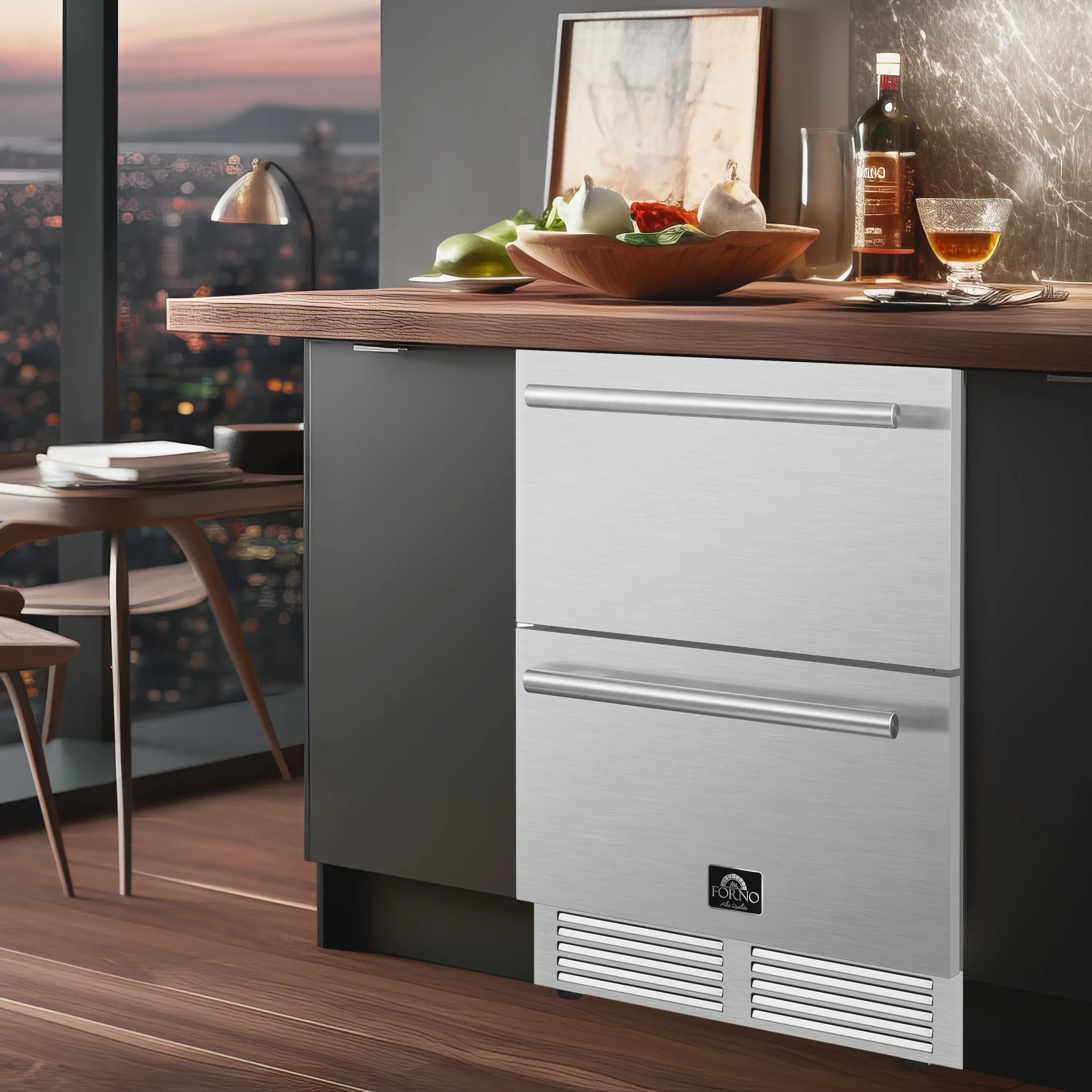 Stainless steel refrigerator drawer with side-by-side door and lower vent panels