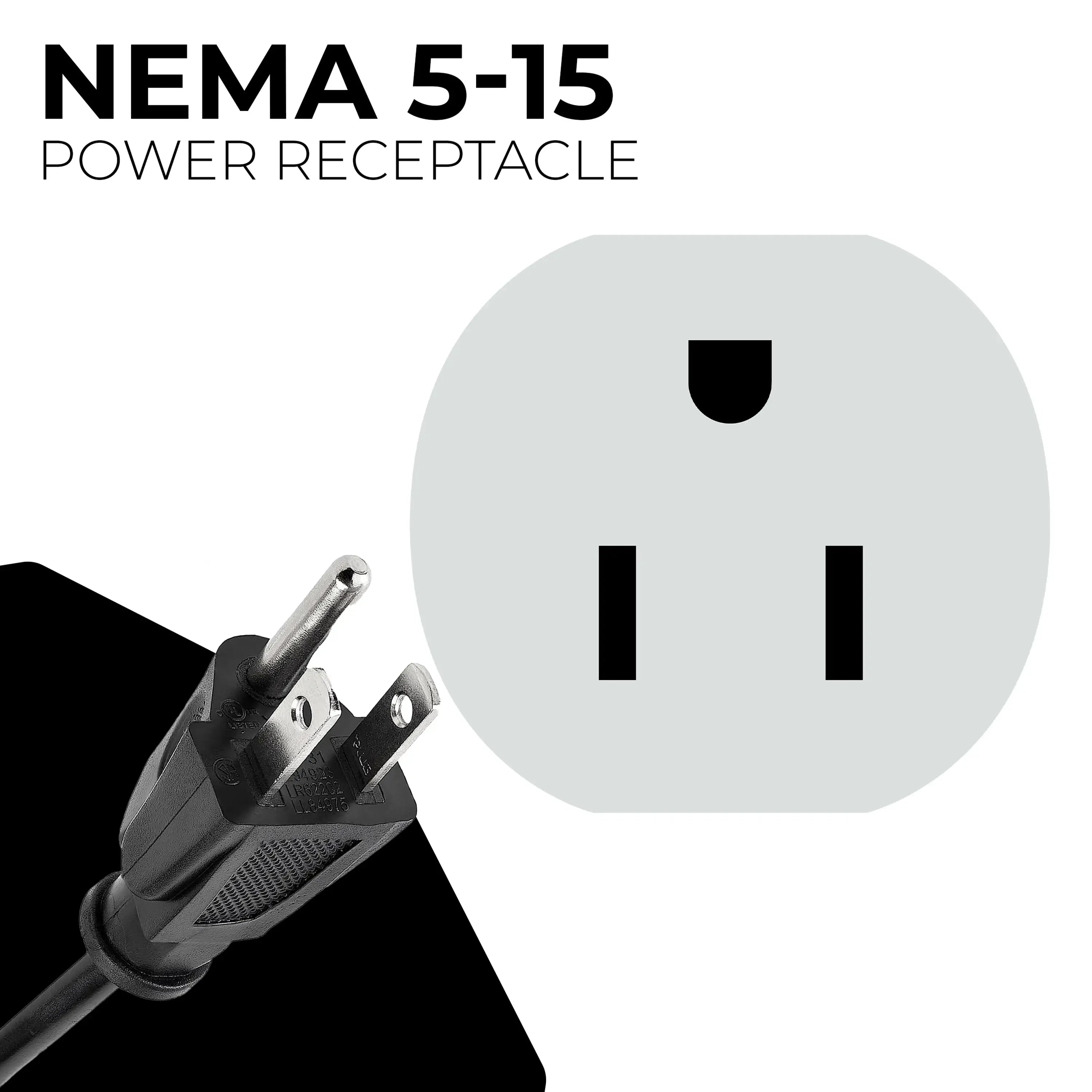 NEMA 5-15 power receptacle shown with plug and outlet illustration