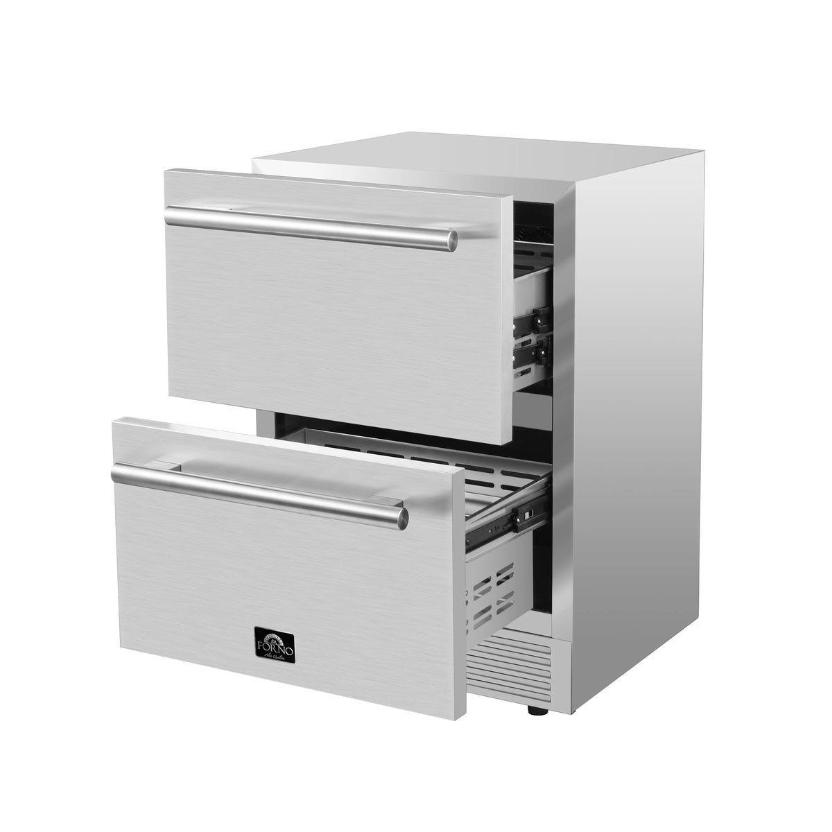 Stainless steel double-drawer refrigerator with two front pull handles and open compartments