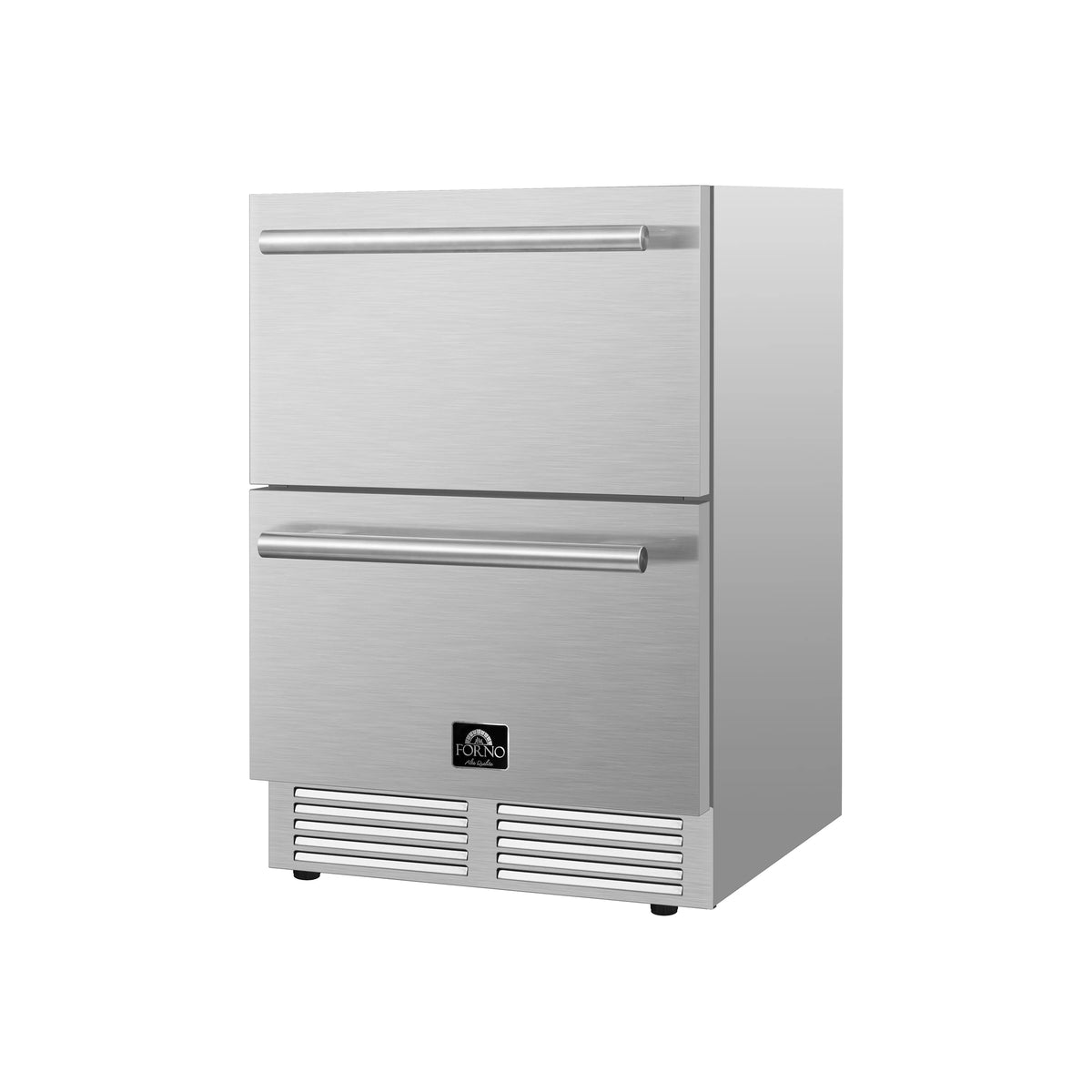 Stainless steel refrigerator drawer with two front drawers and vented lower grille
