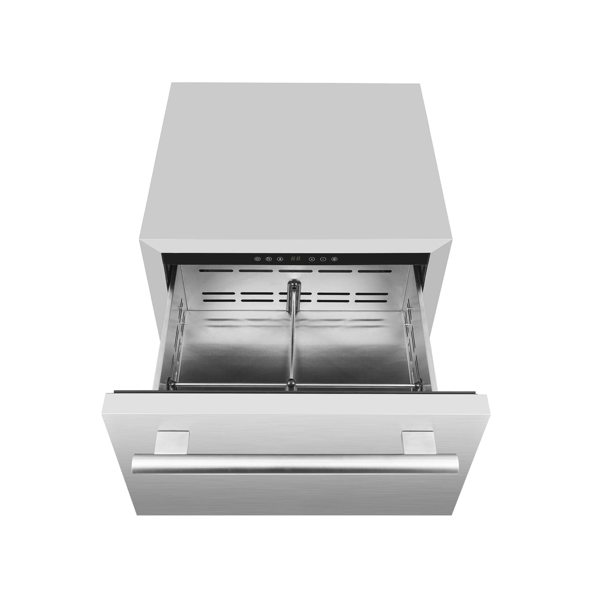 Stainless steel open drawer freezer with pull handle and inner metal tray