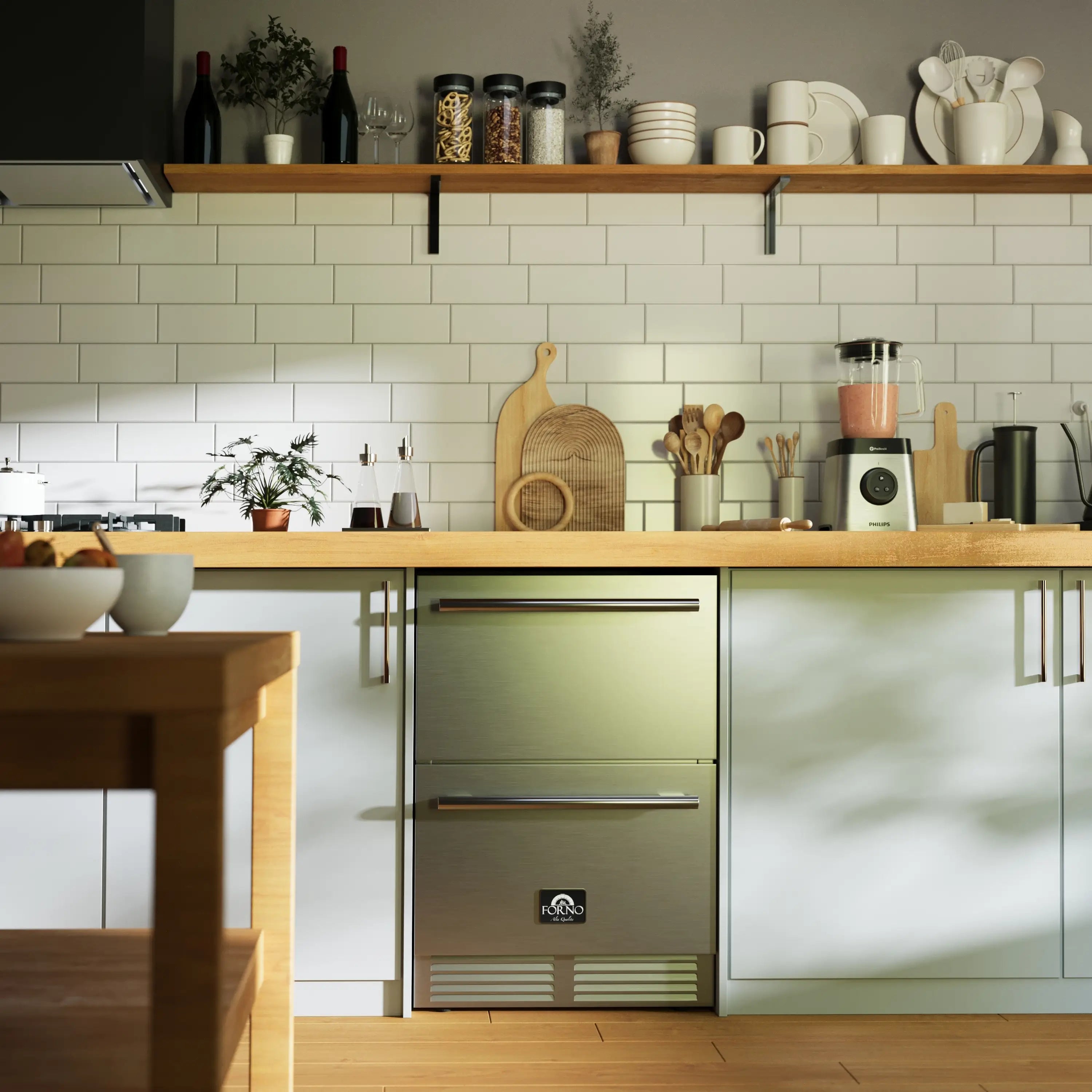 Stainless steel refrigerator drawer installed under kitchen counter with door closed