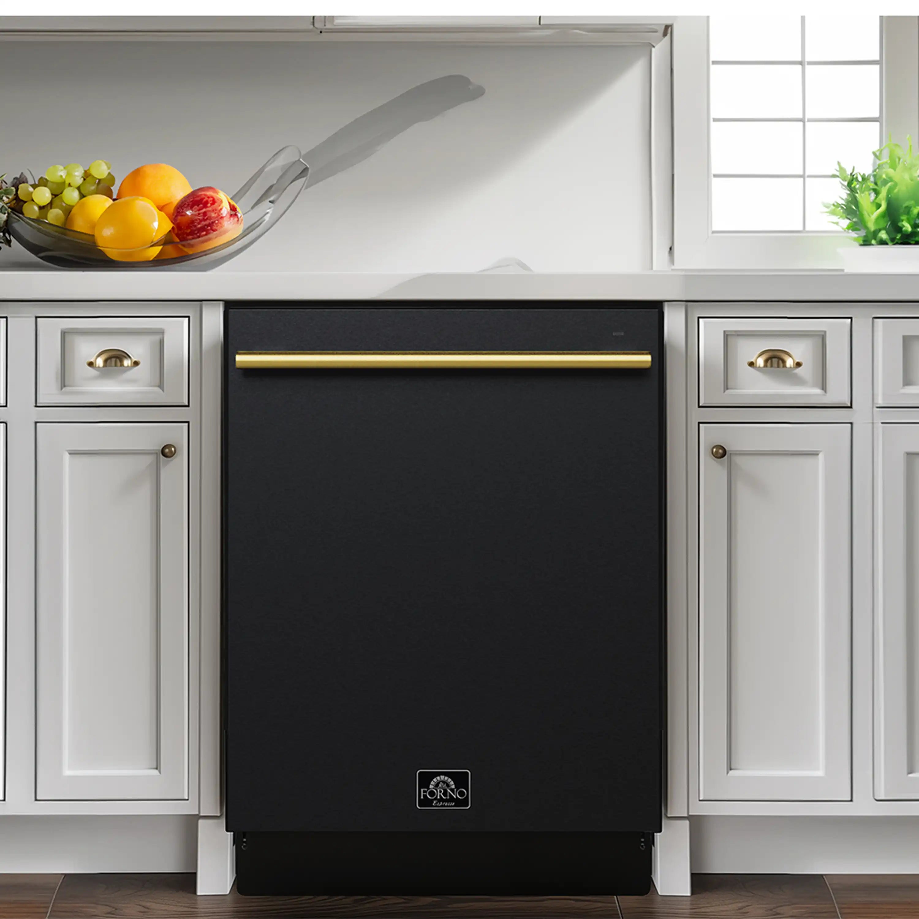 Black built-in dishwasher under countertop with antique brass handle and FORNO logo