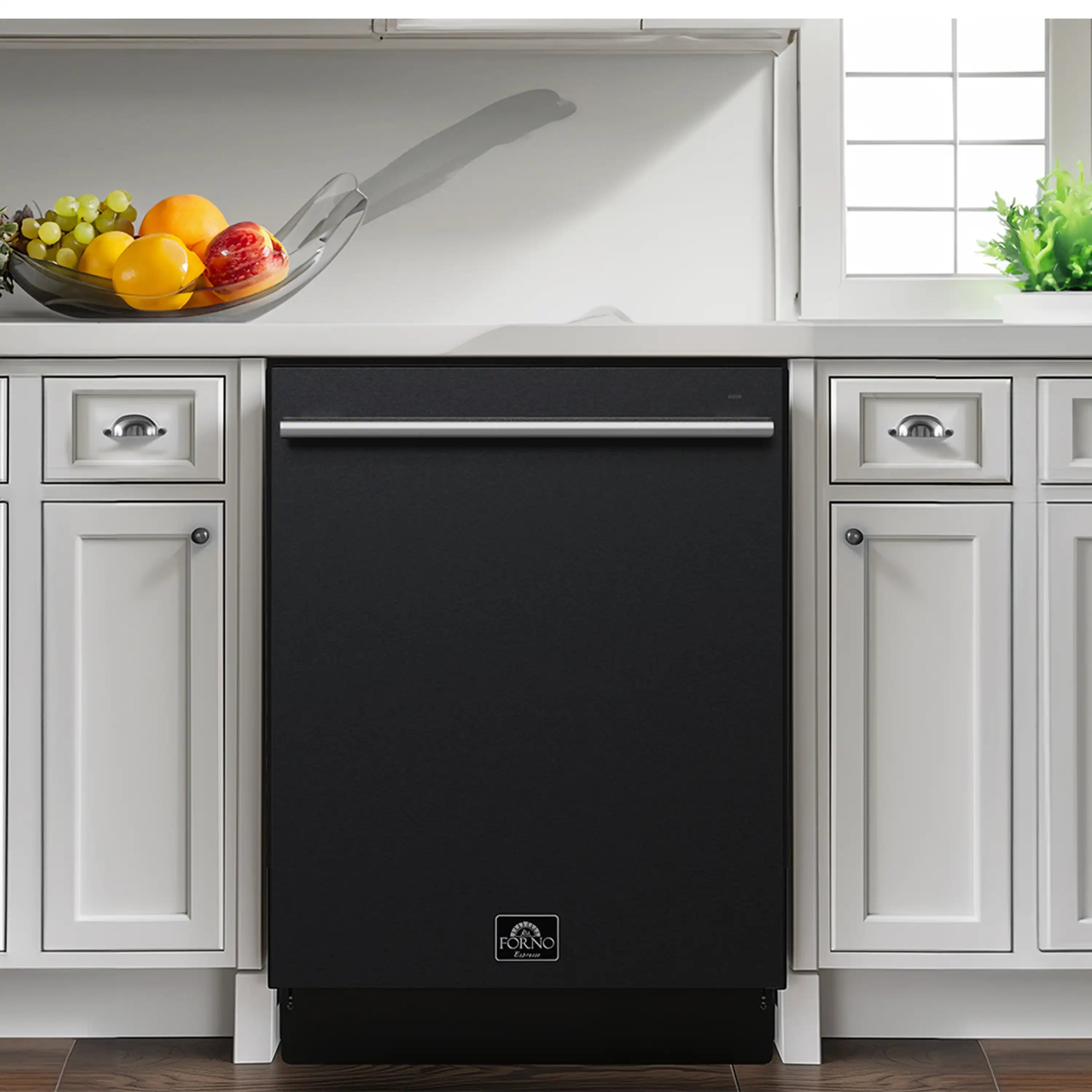 Black 24-inch built-in dishwasher installed between cabinets, closed front door.