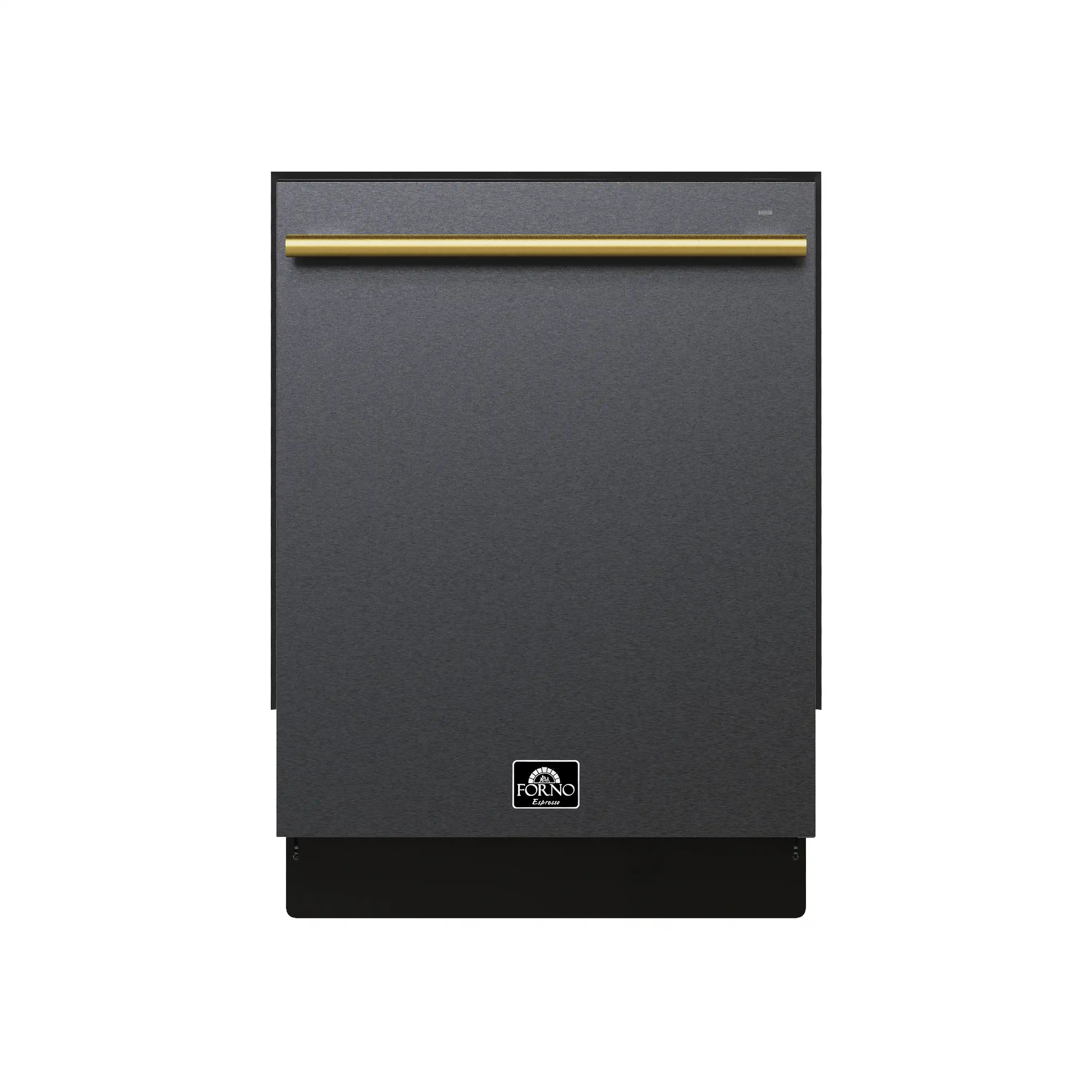 Black built-in dishwasher front view with antique brass trim bar and FORNO logo