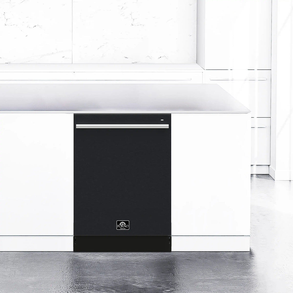 Black 24-inch built-in dishwasher installed under counter, front control panel visible.