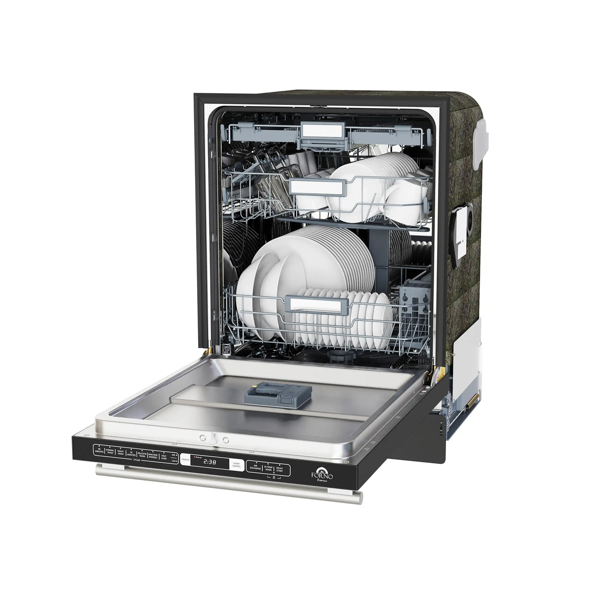 Black built-in dishwasher open with lower rack and spray area visible