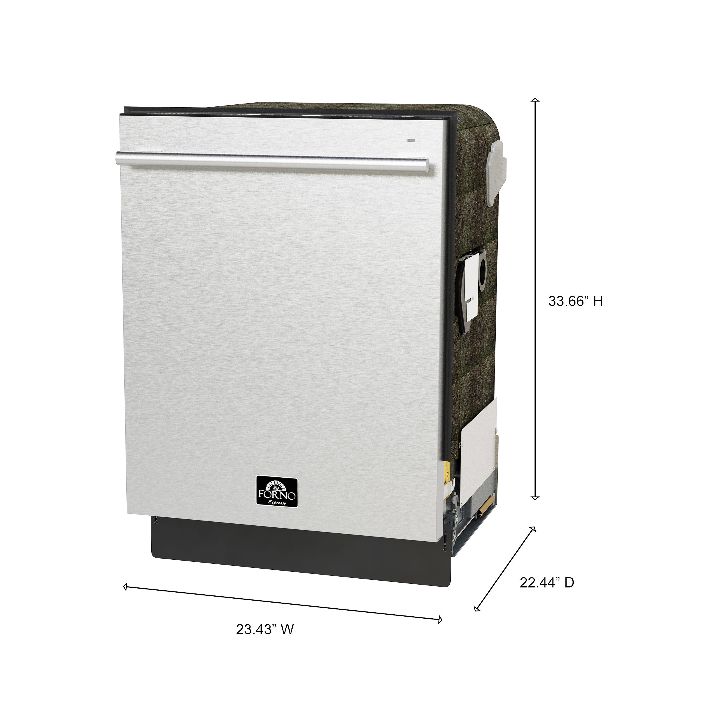 Stainless steel dishwasher side profile with dimensions and Forno logo