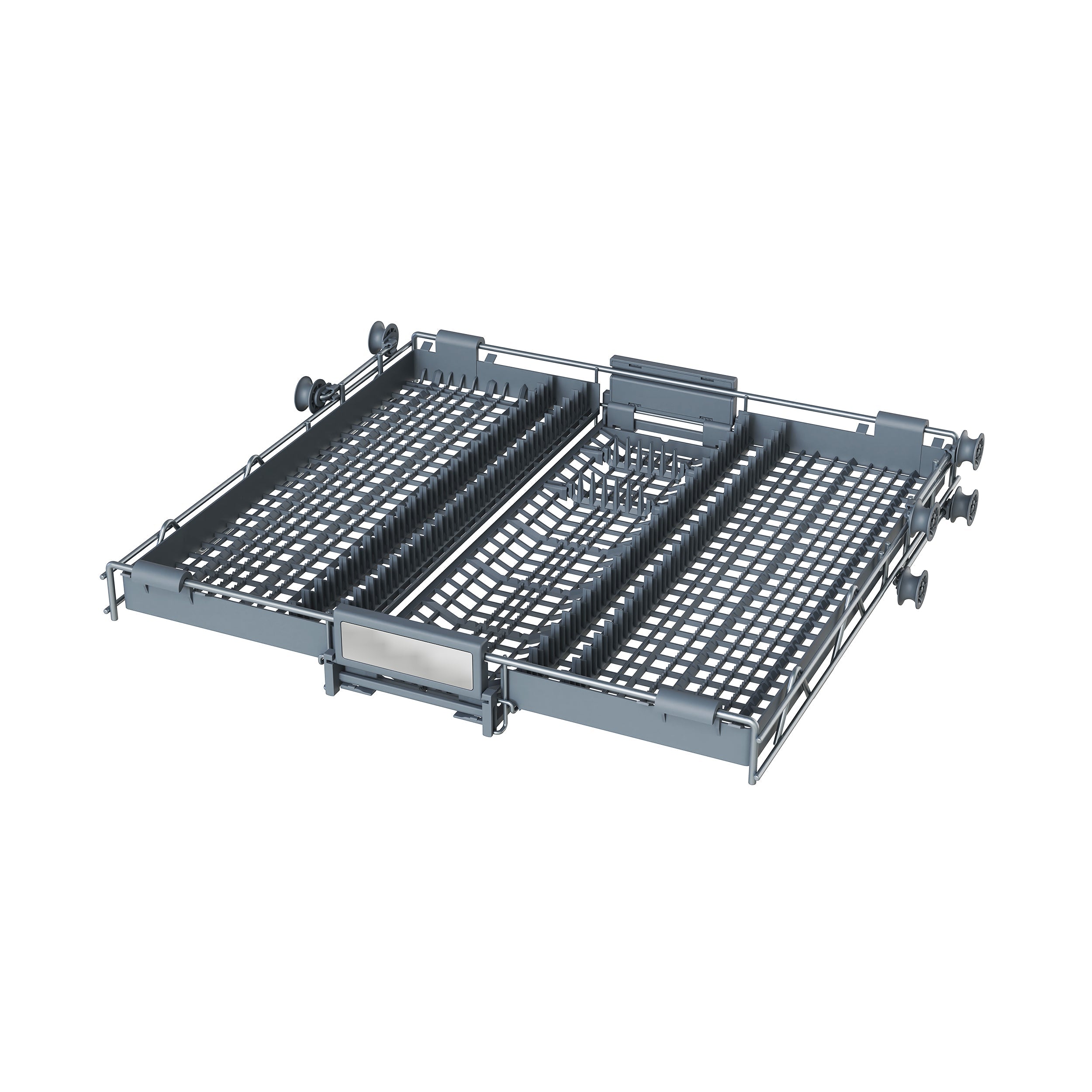 Dishwasher rack assembly with wire shelves and side rails, stainless finish