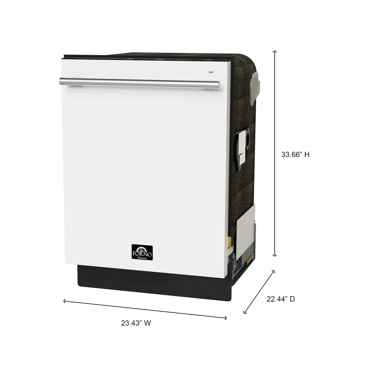 White built-in dishwasher side profile with stainless handle and access panel