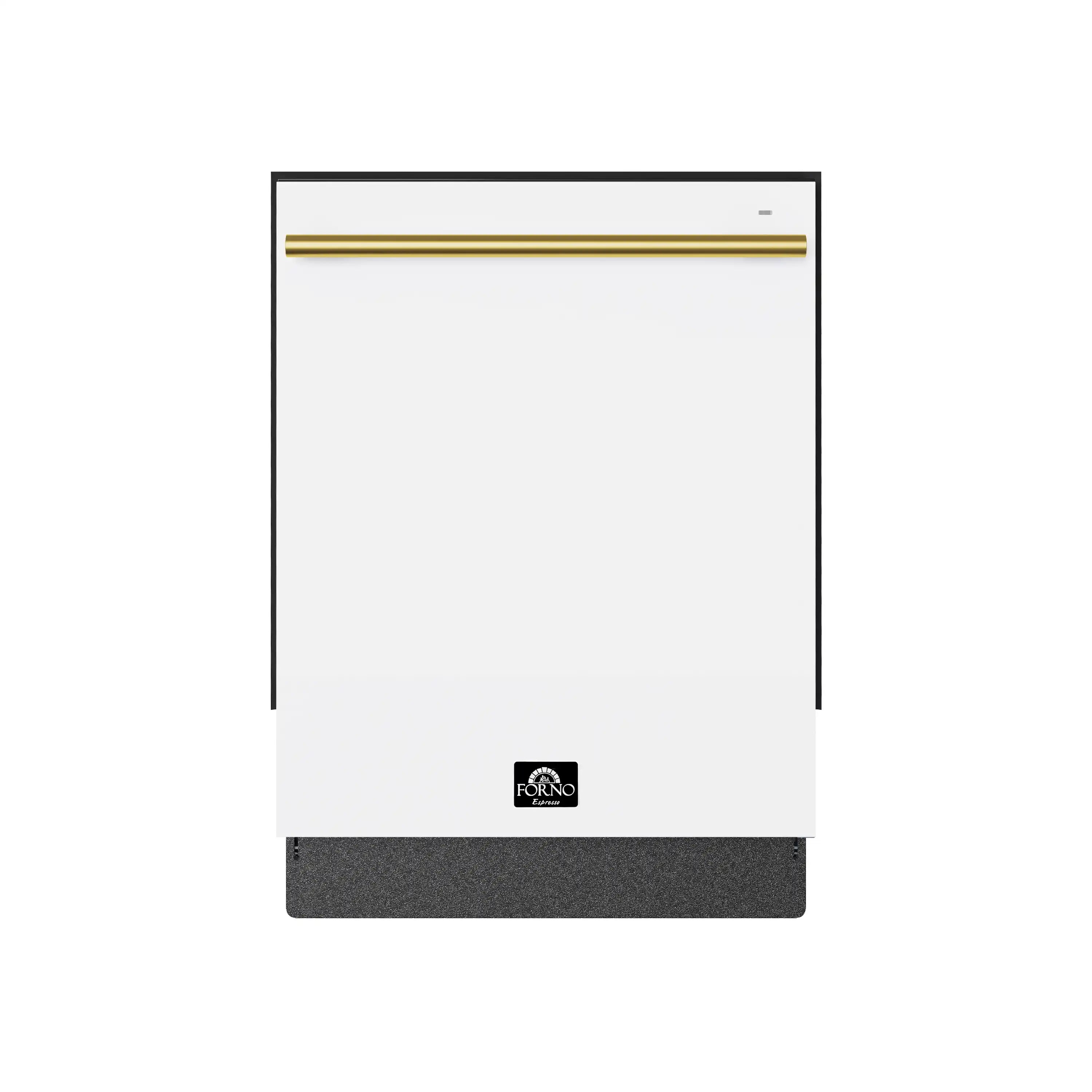 White built-in dishwasher front with antique brass accent stripe and Forno logo