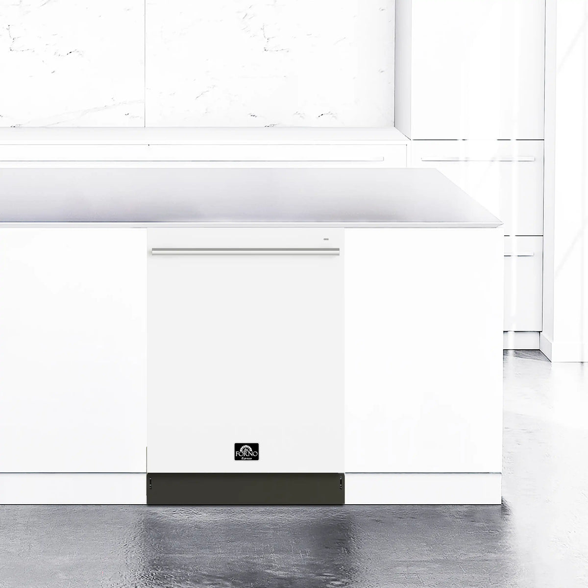 White built-in dishwasher with stainless steel handle and black bottom panel