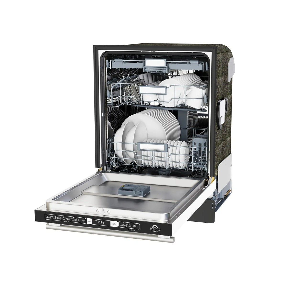 Built-in dishwasher open with racks and silver dishware inside