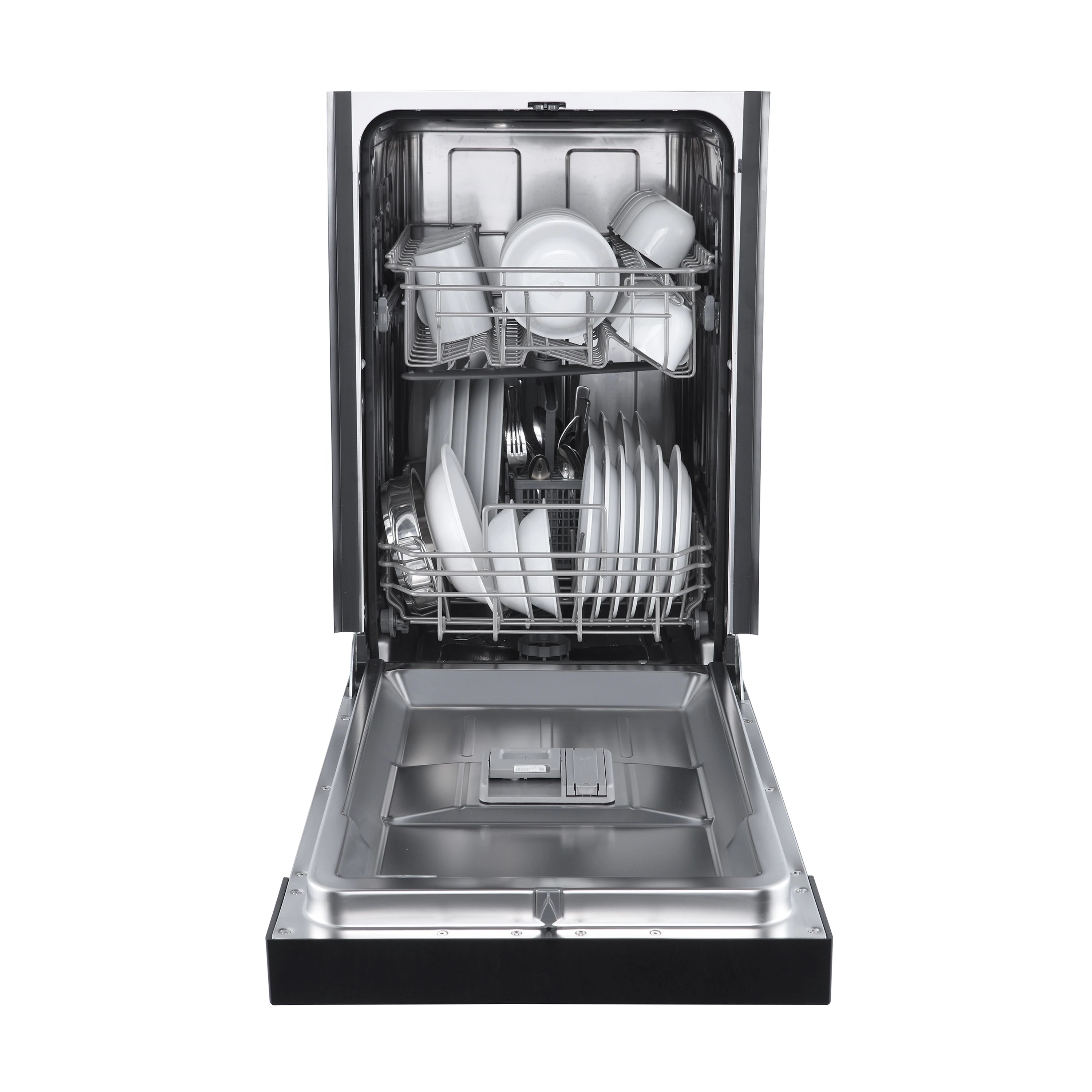 Black 18-inch dishwasher with top and bottom racks loaded with white dishes