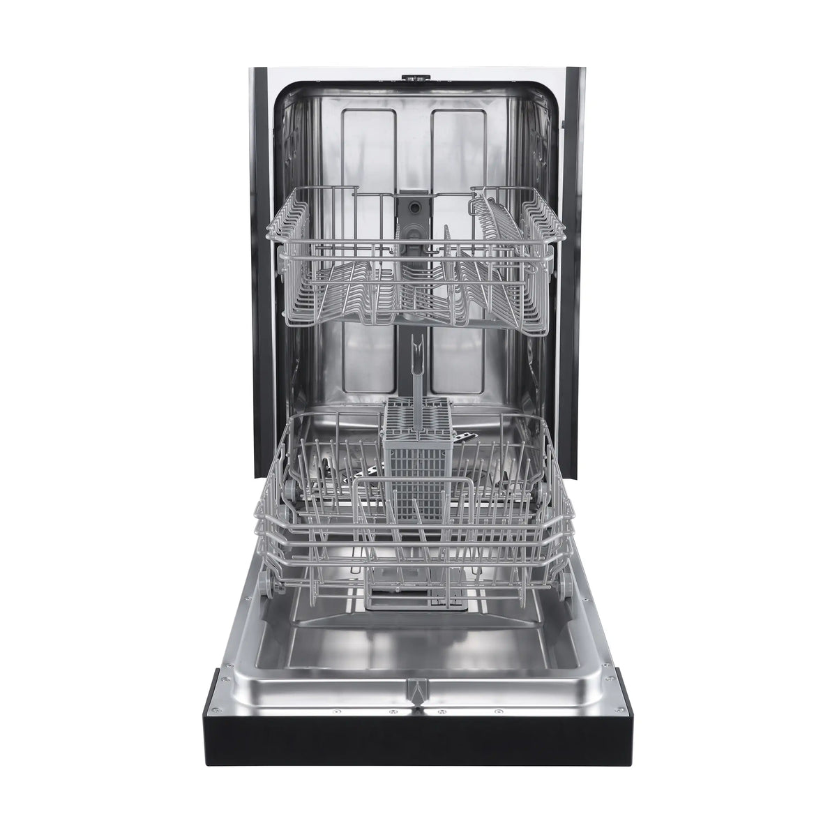 Black 18-inch dishwasher with stainless interior racks, door open