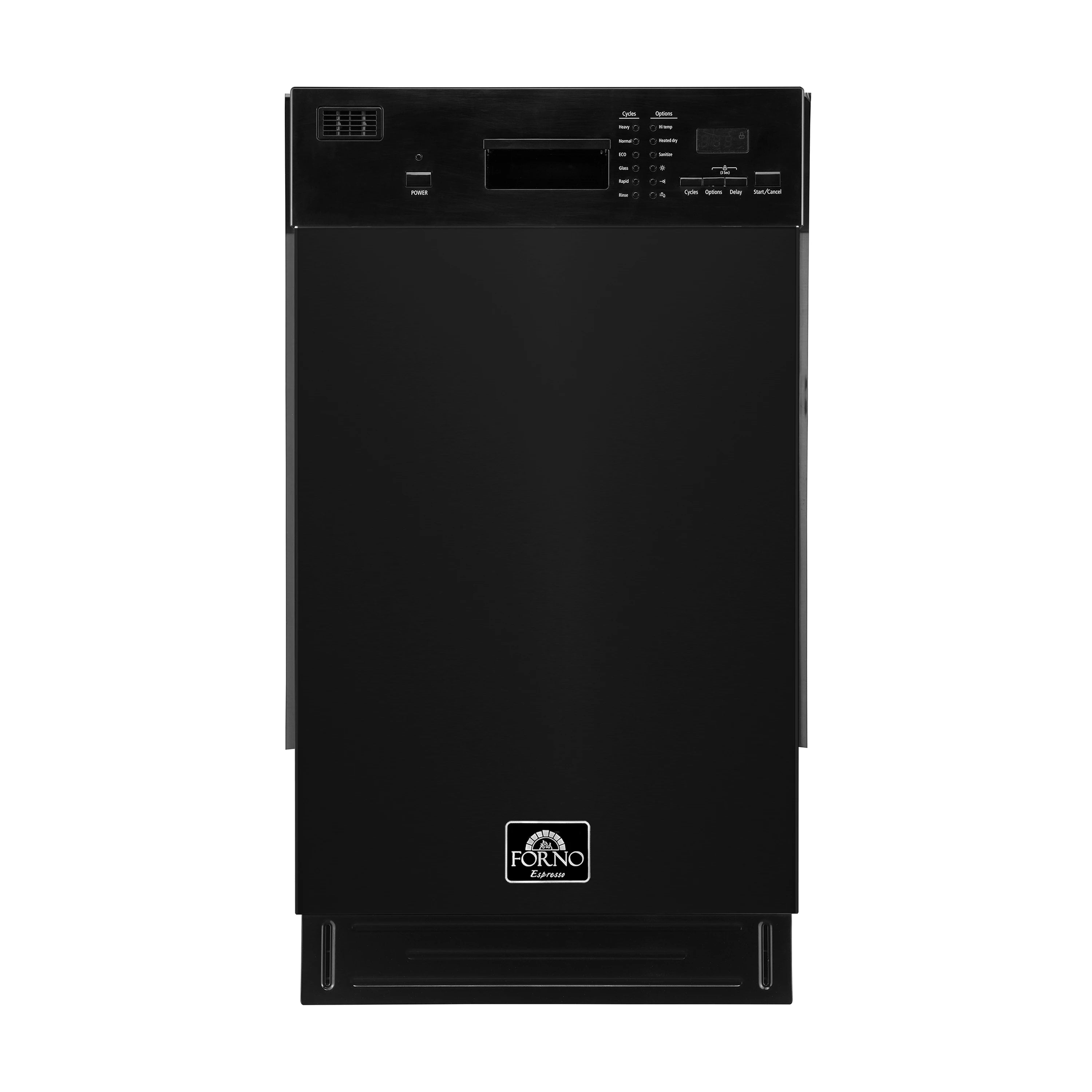 Black 18-inch dishwasher front view, door closed with control panel