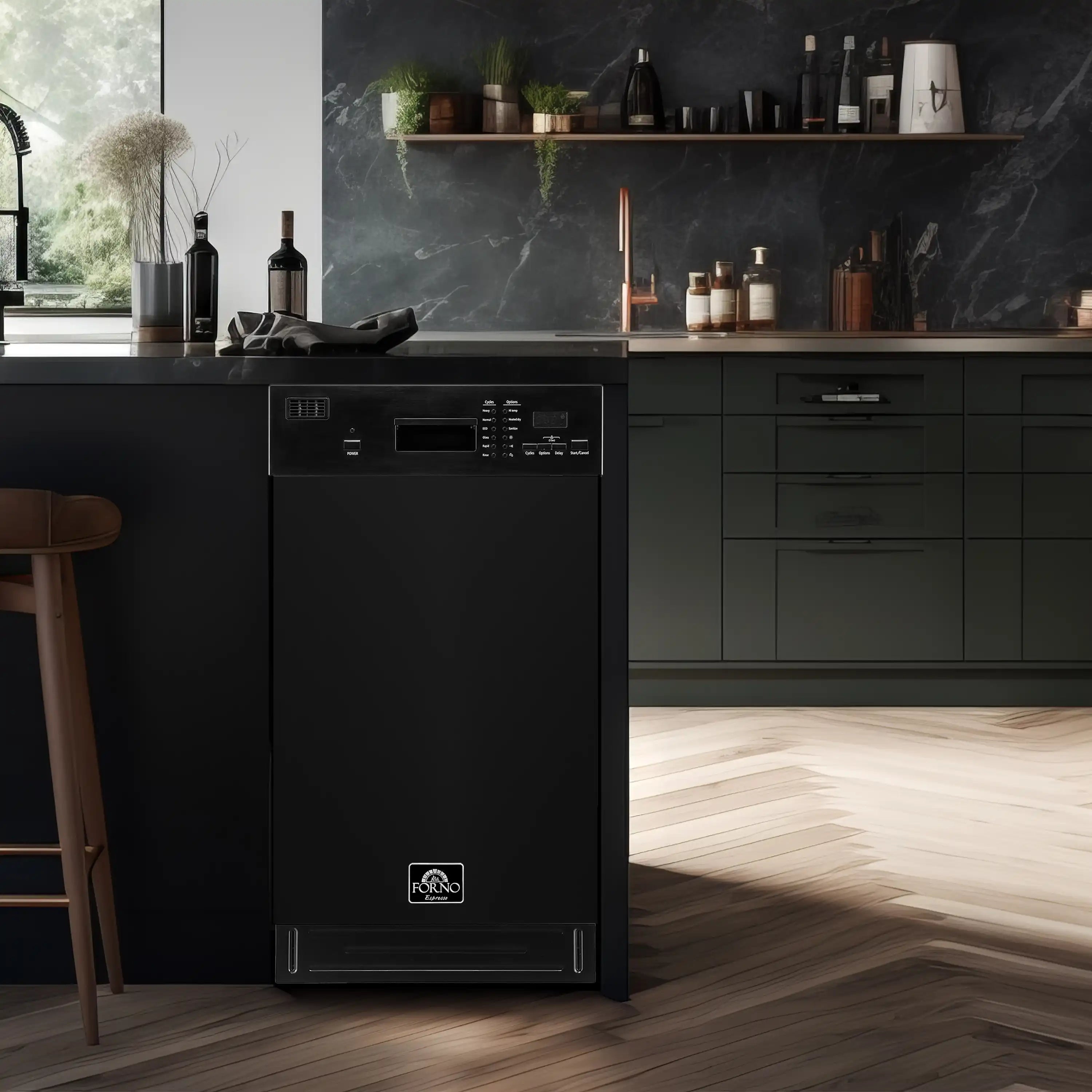 Black 18-inch dishwasher front view with control panel and logo badge