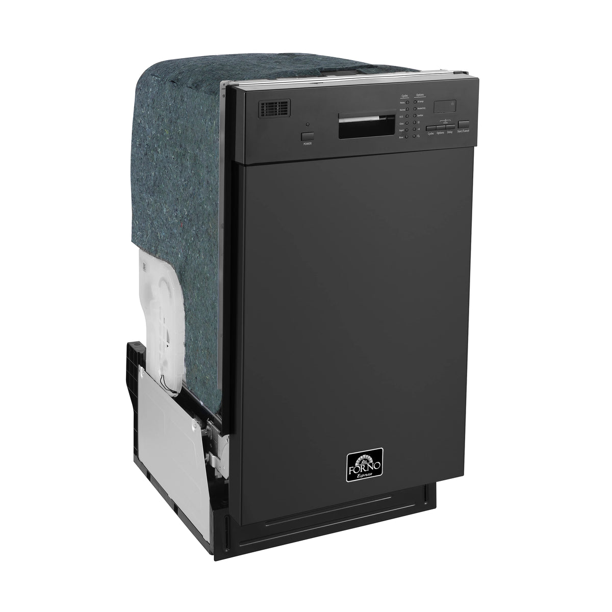 Black 18-inch dishwasher angled side view with top control panel