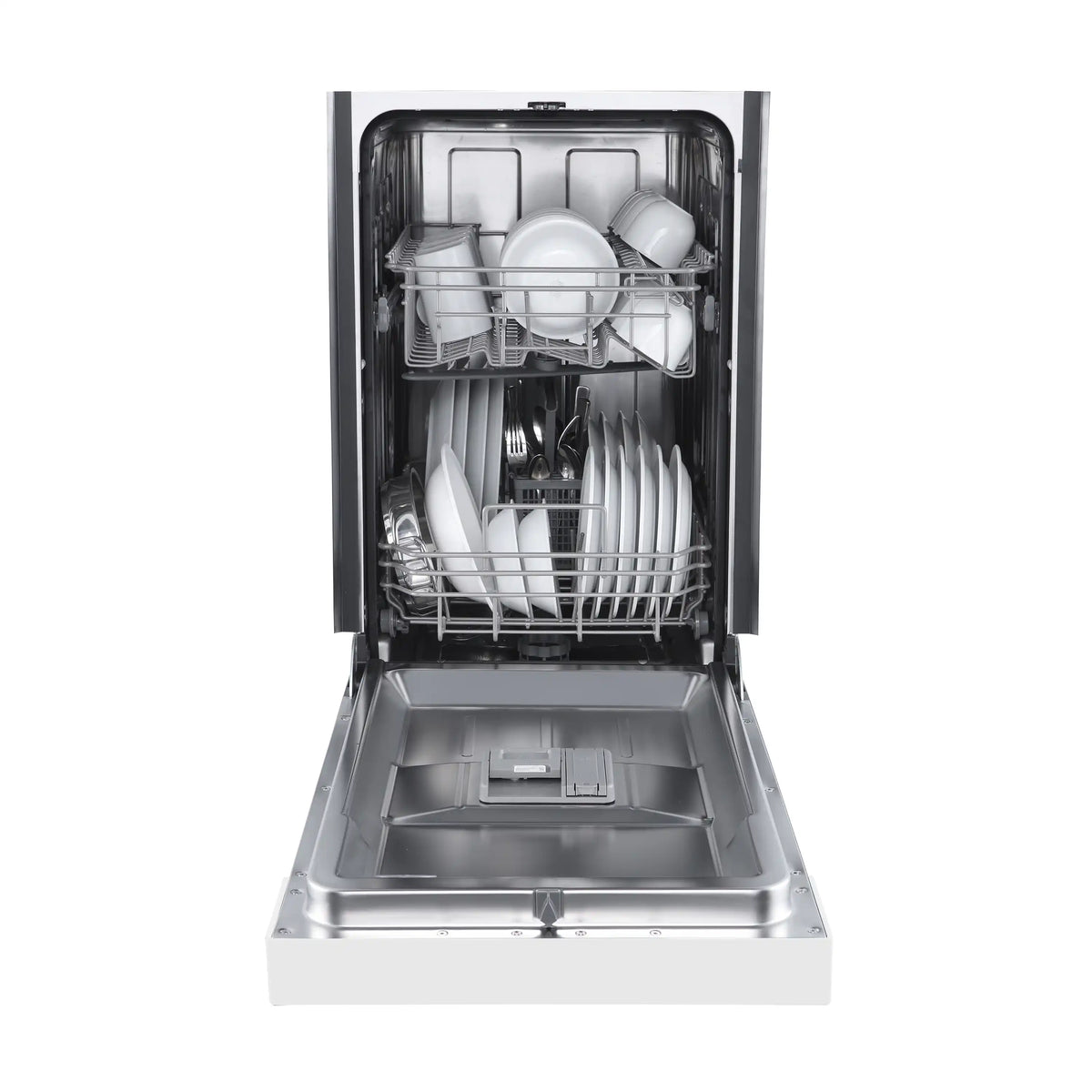 White 18-inch dishwasher interior with plates and utensil holders