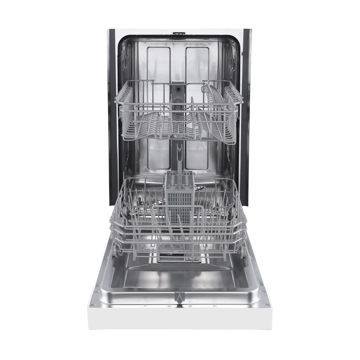 White 18-inch dishwasher with open door and interior racks