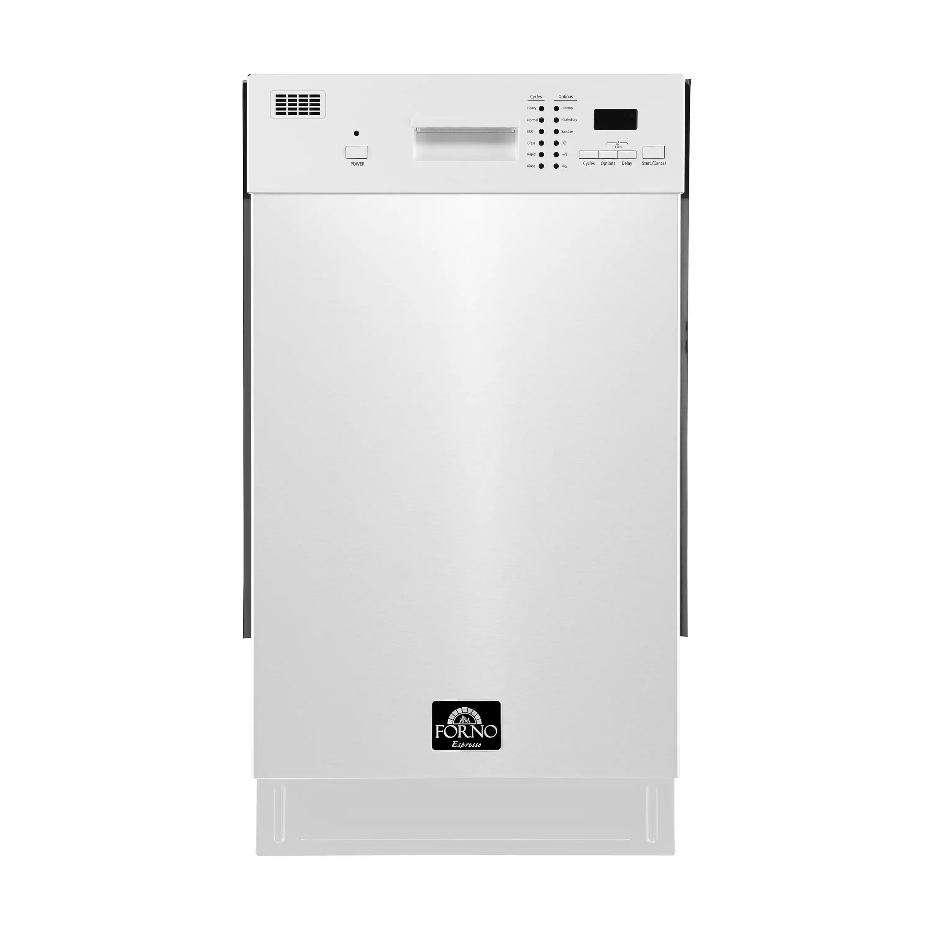 White 18-inch dishwasher with top control panel and front door