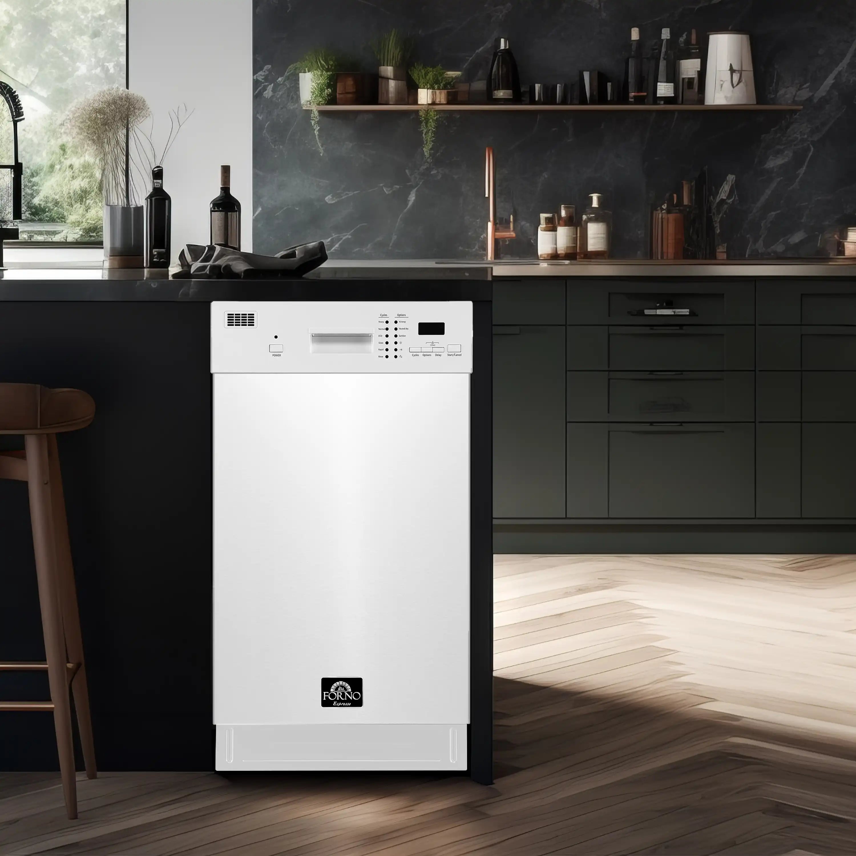 White 18-inch dishwasher unit with front door and control panel