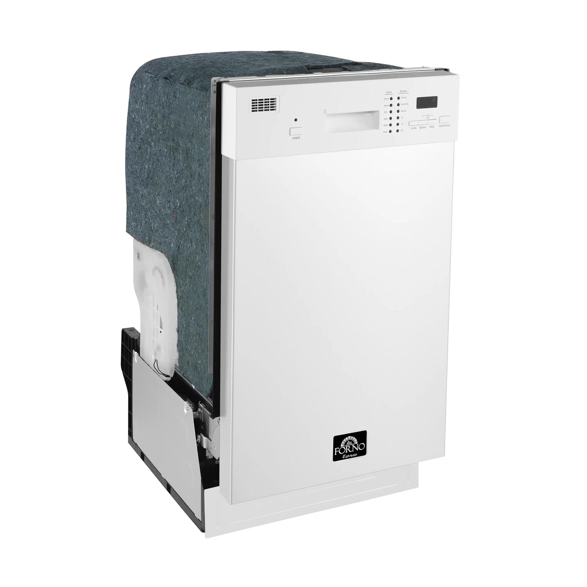 White 18-inch dishwasher shown from the side with control panel