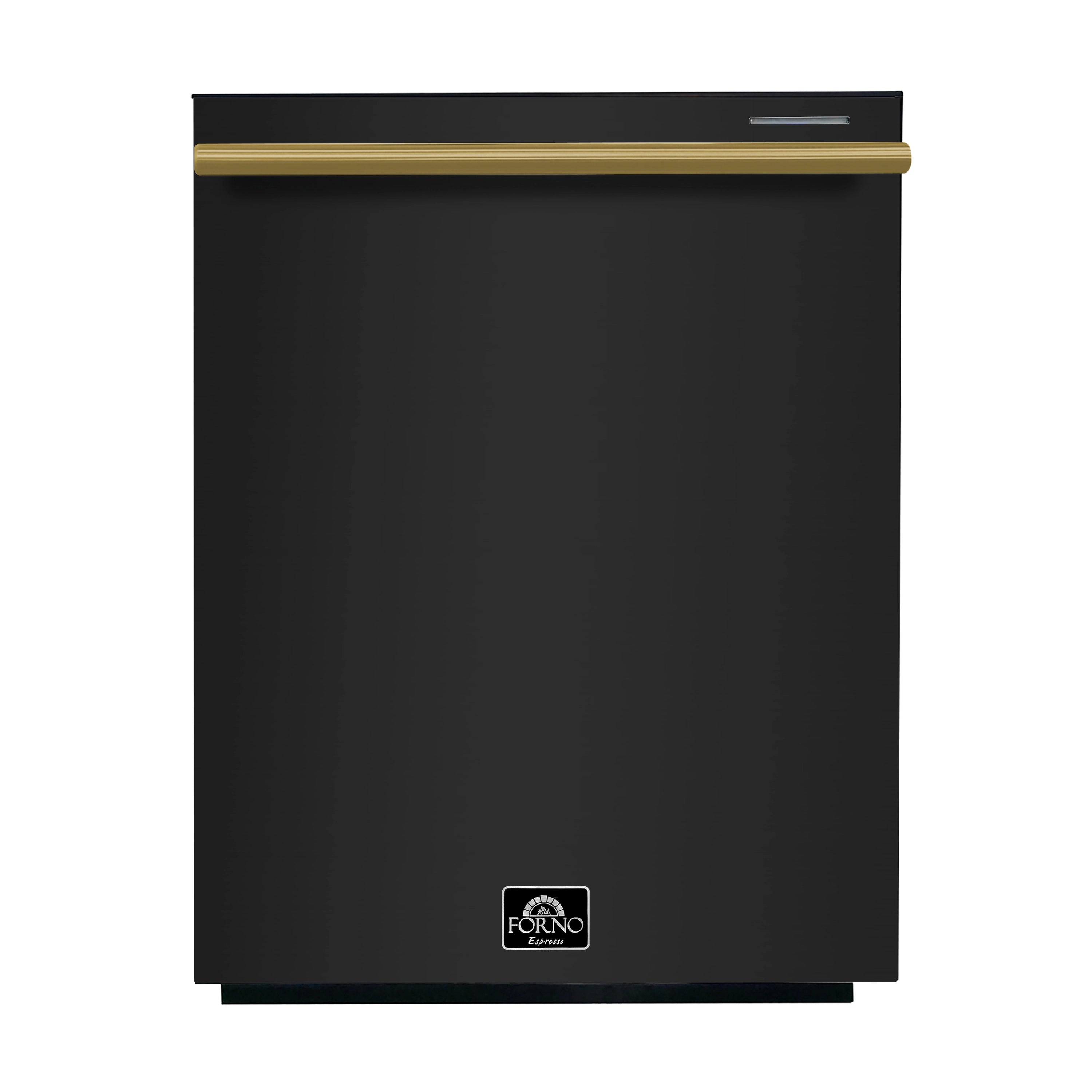 Black dishwasher door with antique brass top trim and FORNO logo