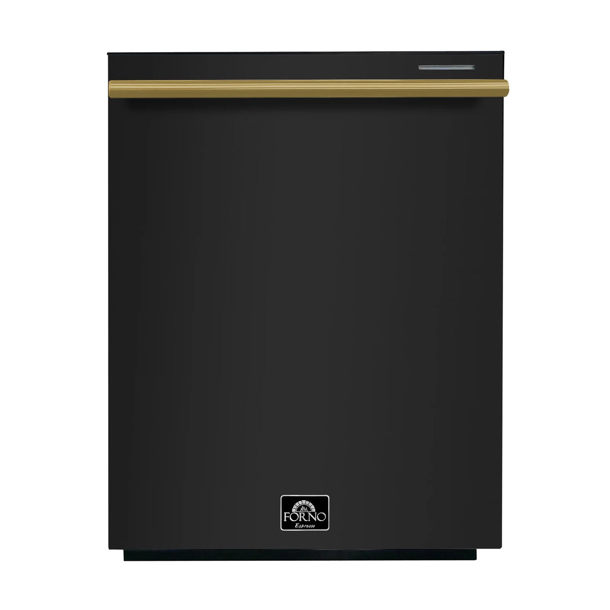 Black dishwasher front with antique brass trim strip and Forno logo
