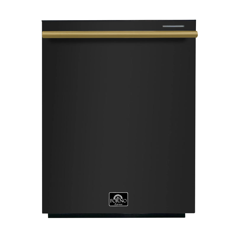 Forno 5-Piece Appliance Package - 30-Inch Induction Range, Under Cabinet Range Hood, Refrigerator with Water Dispenser, Dishwasher, and  Microwave Drawer in Black with Antique Brass Trim