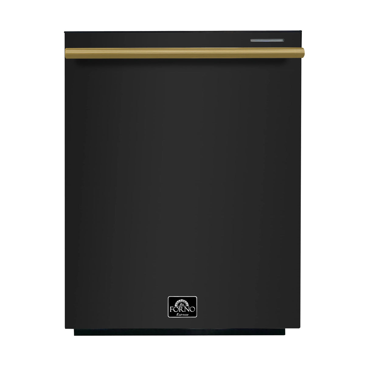 Black dishwasher door with gold handle trim and Forno logo