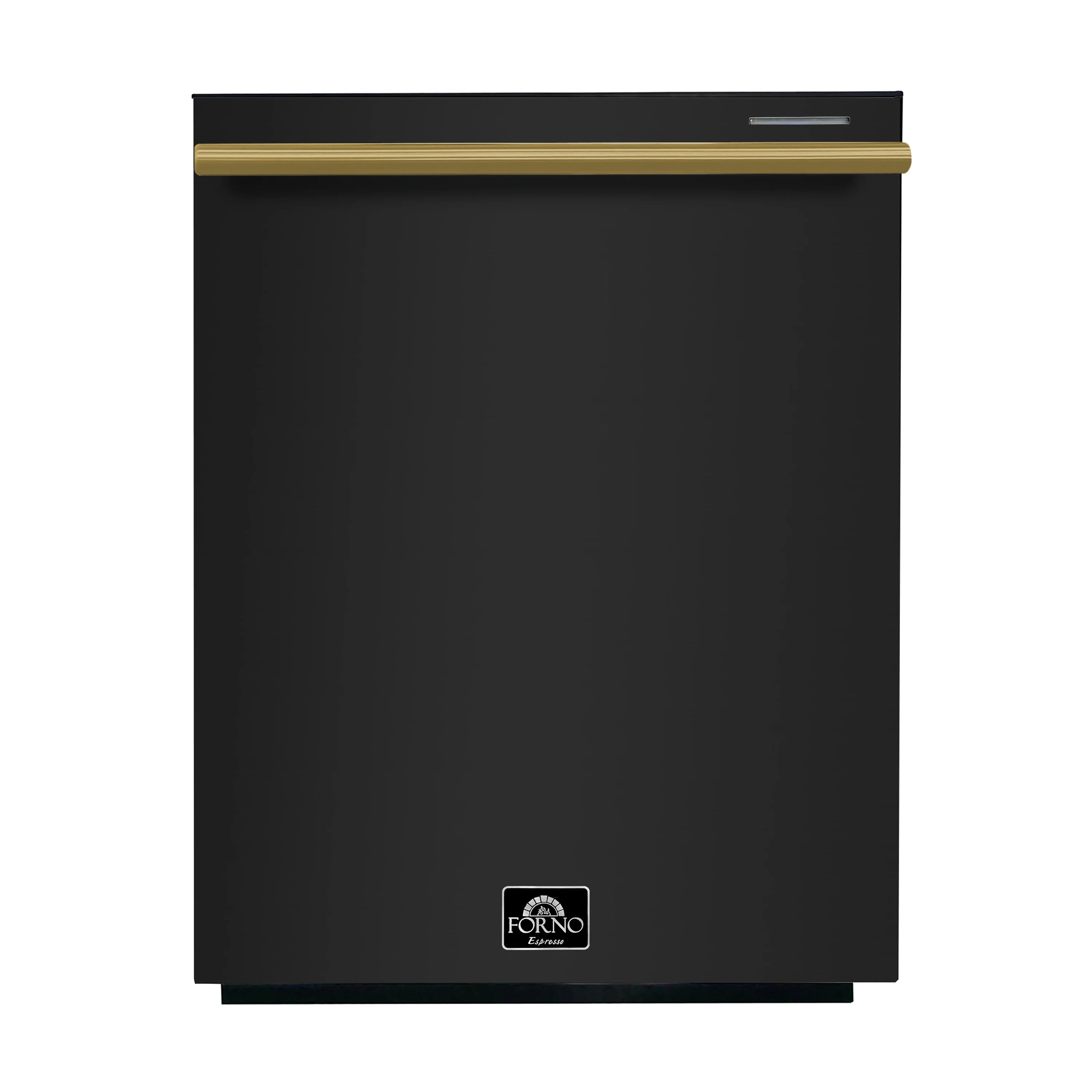 Black dishwasher with antique brass trim and built-in FORNO logo badge