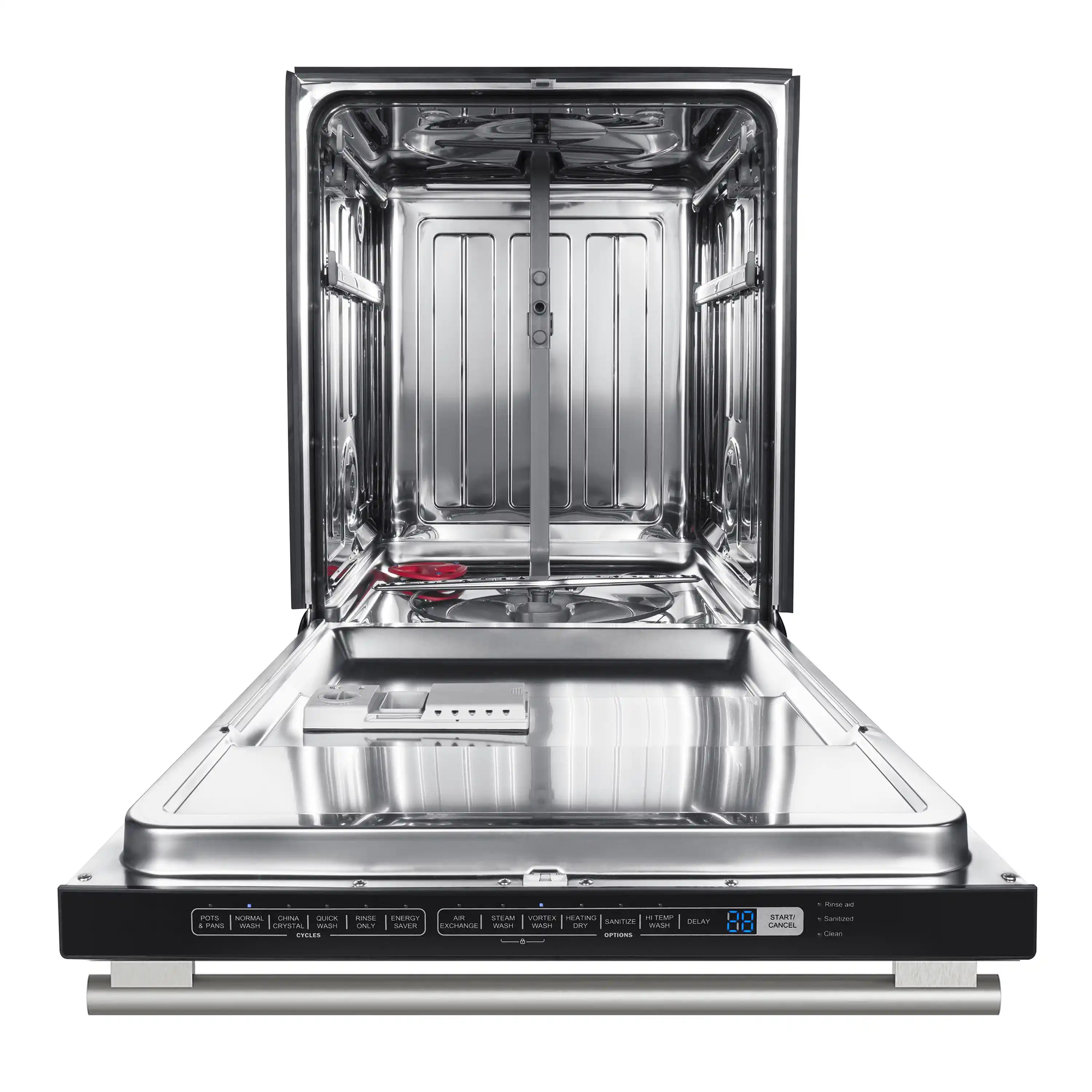 Black gas range oven door open with stainless-steel cooking chamber