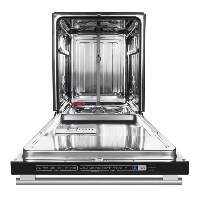 Forno 4-Piece Appliance Package - 30-Inch Espresso Induction Range , Wall Mount Range Hood, 36-Inch French Door Refrigerator, and Dishwasher in Black with Antique Brass Handle