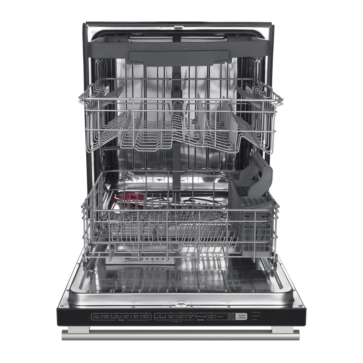 Black built-in dishwasher with open racks and upper spray arm