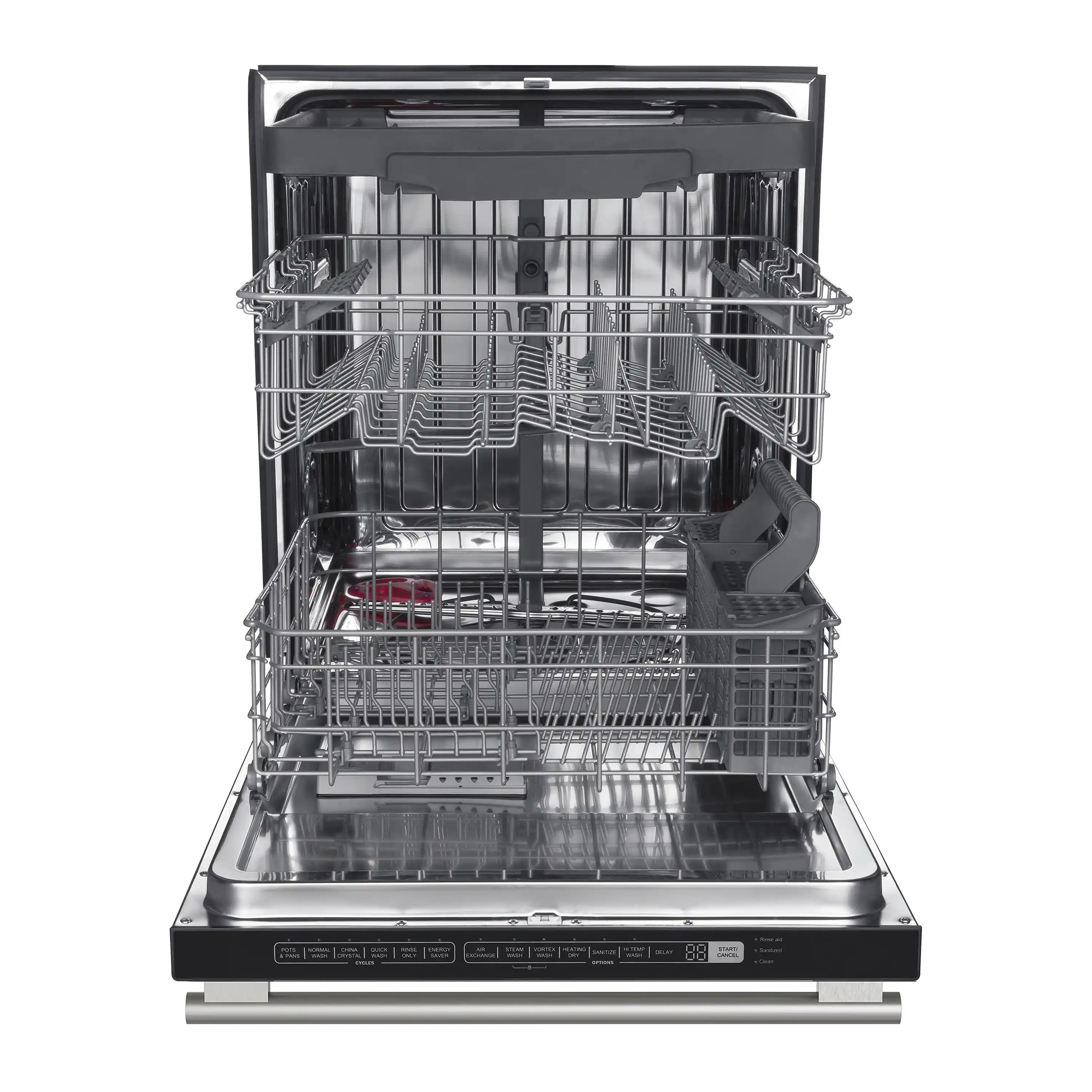 3-piece appliance package: dishwasher with open door showing upper and lower chrome racks