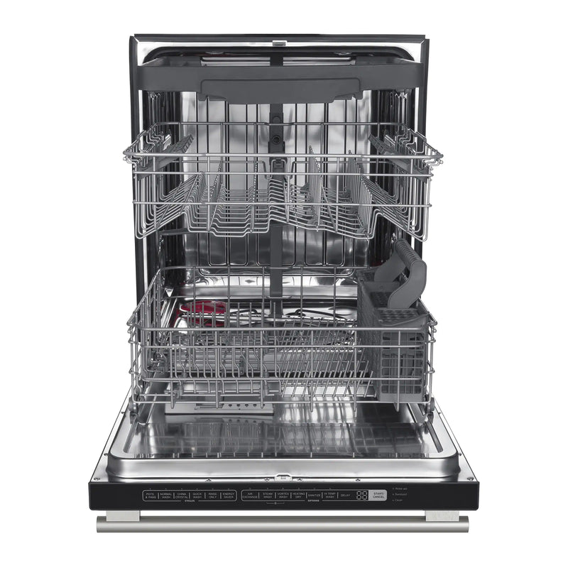 Forno Galiano 5-Piece Appliance Package - 48-Inch Dual Fuel Range, 48-Inch Hood, 36-Inch Refrigerator, 24-Inch Dishwasher, & 30-Inch Microwave Drawer in Black with Antique Brass Trim