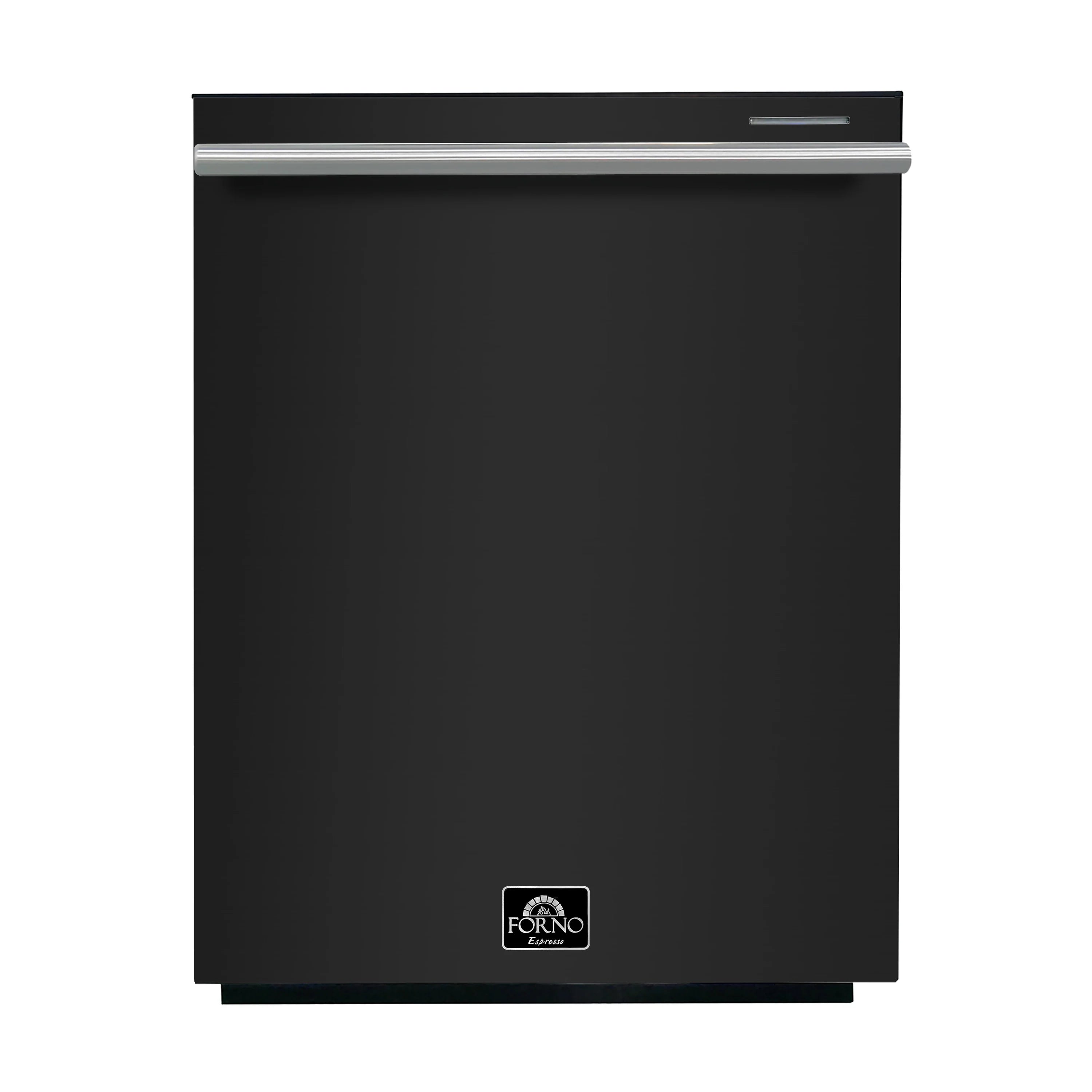Black dishwasher door with stainless top trim and Forno logo