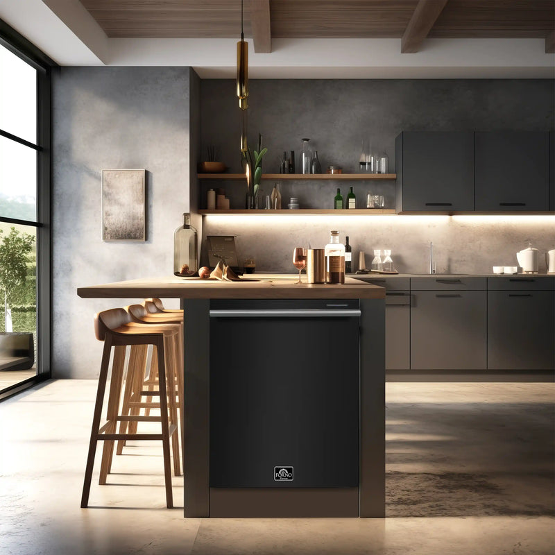 Forno Galiano 5-Piece Appliance Package - 36-Inch Dual Fuel Range, 36-Inch Hood, 36-Inch Refrigerator, 24-Inch Dishwasher, & 30-Inch Microwave Oven in Black with Antique Brass Trim